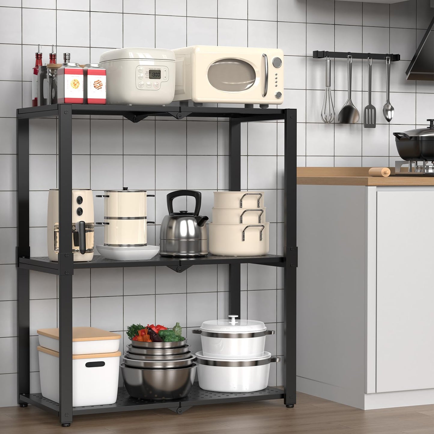 Hastatii 3-Shelf Storage Shelving Unit Metal Rack Heavy-Duty 28"x13.5"x33.5" for Garage, Kitchen and Bedroom Layers Increased Black
