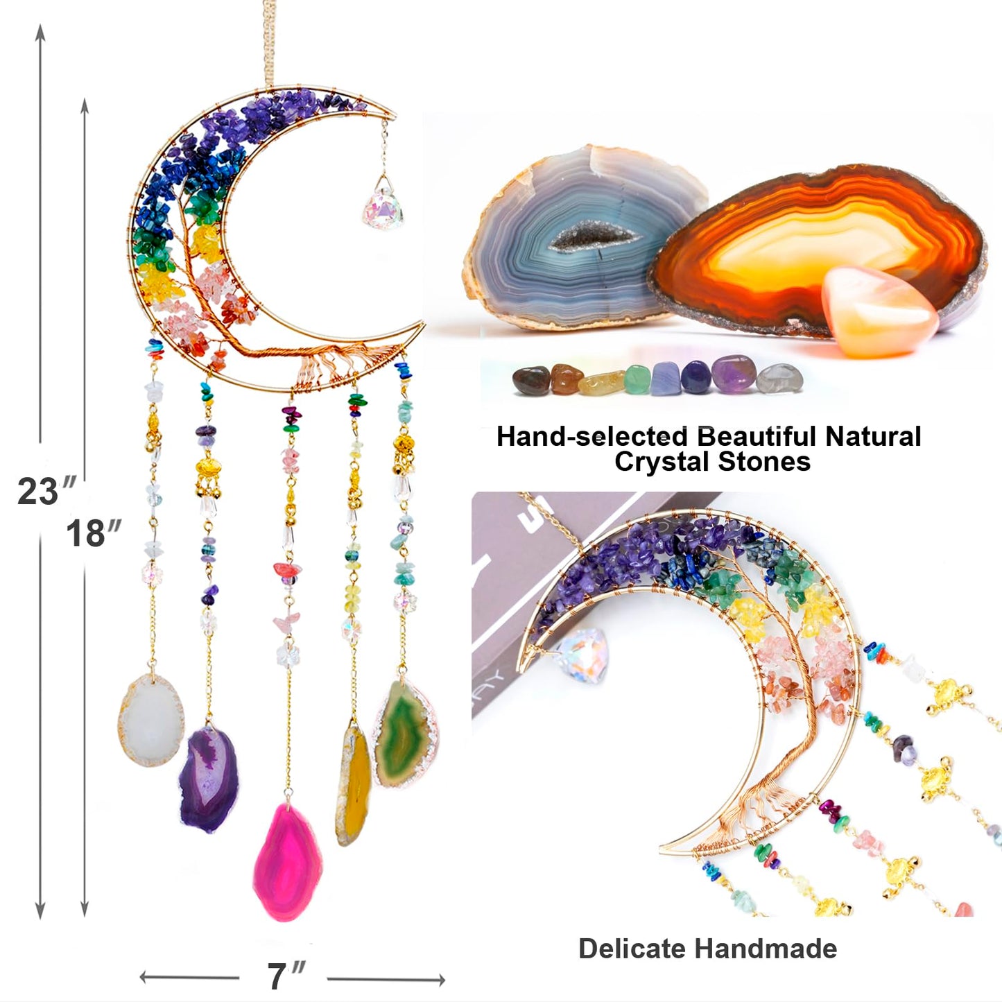 7 Chakra Crystal Wind Chimes, Moon Shaped Dream Catcher, Sun Catchers, Healing Crystal Decor, Reiki, Feng Shui Metal Art Wall Decor for Room, Bedroom, Home, Unique Gifts for Women for Good Luck