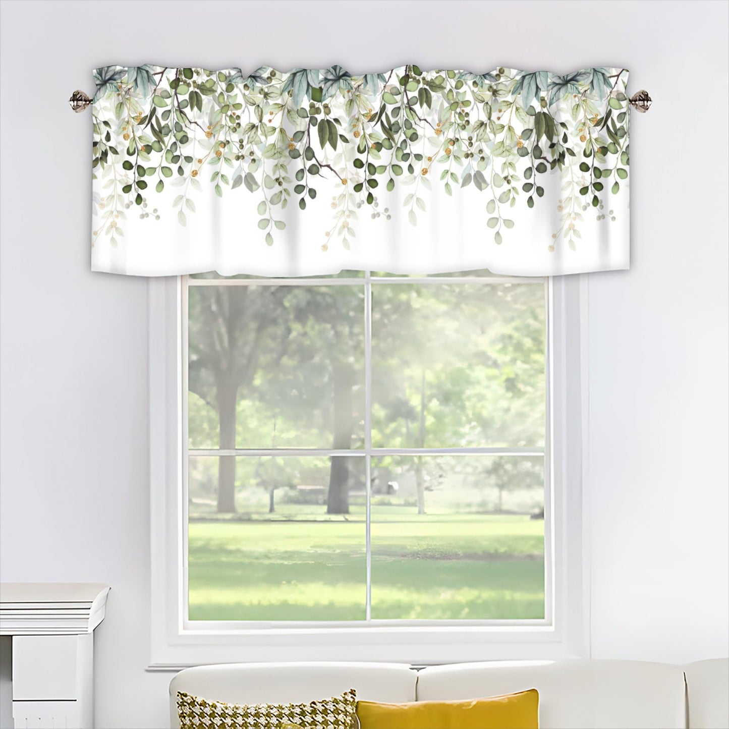 AYTTBIS Sage Green Eucalyptus Leaves Curtain Valance for Windows Watercolor Window Treatments 1 Panel Short Curtains for Kitchen Windows Bathroom Bedroom,42 x 12 Inch