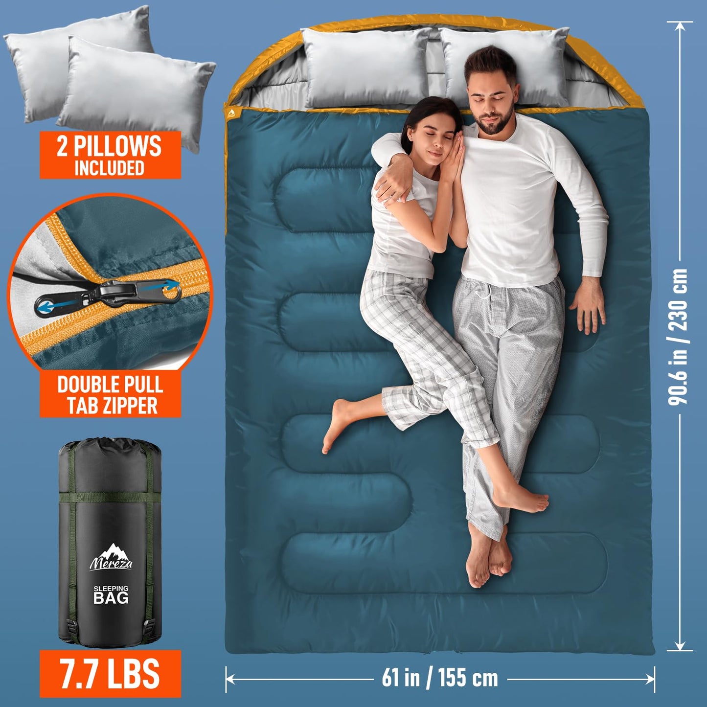 MEREZA Double Sleeping Bag for Adults Mens with Pillow, XL Queen Size Two Person Sleeping Bag for All Season Camping Hiking Backpacking 2 Person Sleeping Bags for Cold Weather & Warm (Blue&Yellow)