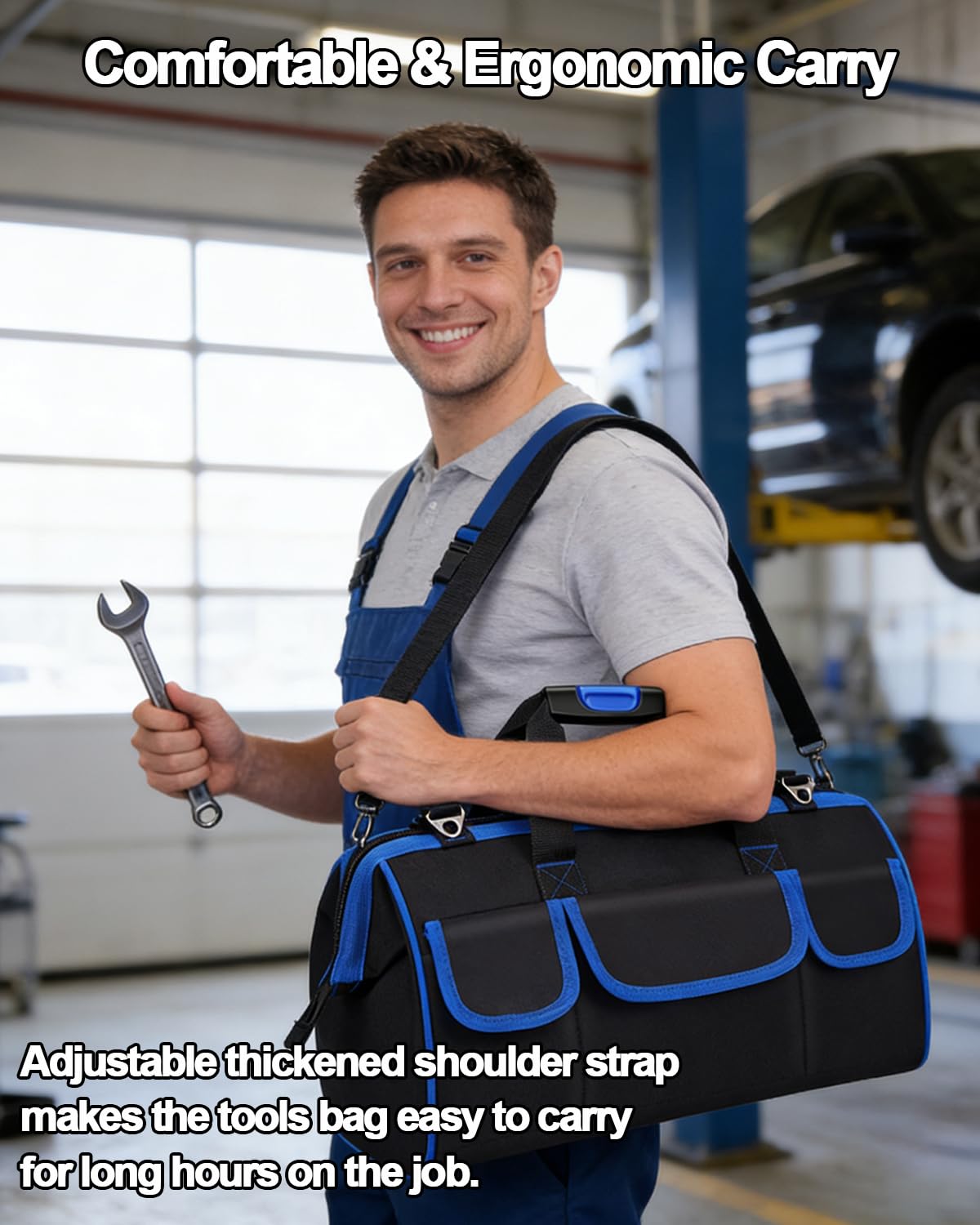 Heavy Duty Tool Bag 17-Inch,16 Pockets Portable Electrician Tool Box Organizer with Hard Bottom & Adjustable Shoulder Strap,Big Storage Toolbag,Soft Handle Carrying Toolbox for Men Husband Dad Father