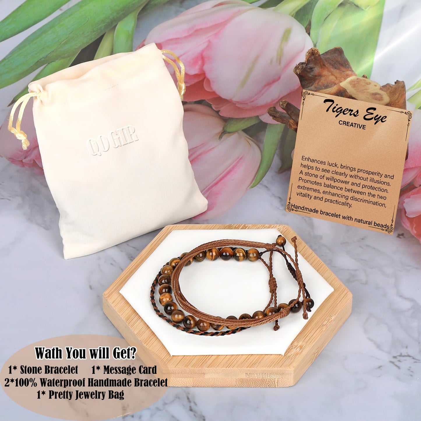 QOGIR Handmade Healing Bracelet,8mm Natural Yellow Tiger Gem Stone Beads Bracelet,for Men Women Gifts with 2PCS Size Adjustable Rope Bracelets