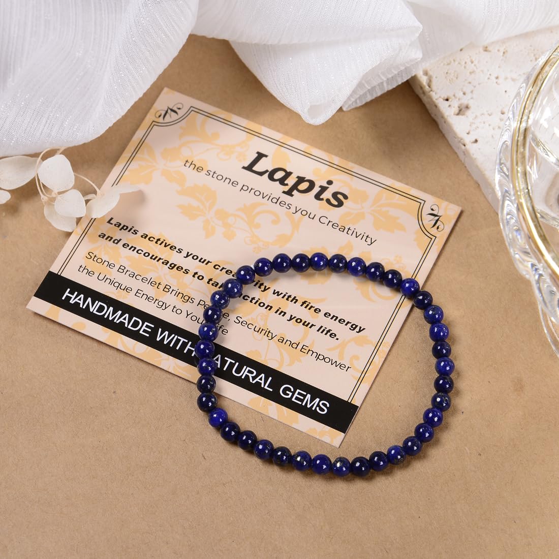 MASSIVE BEADS Lapis - Creativity and Confidence - Handmade Handmade Yoga Stretch Elastic Bracelet Natural Stone Crystal Healing Power Energy Gifts for Unisex Adult 4mm