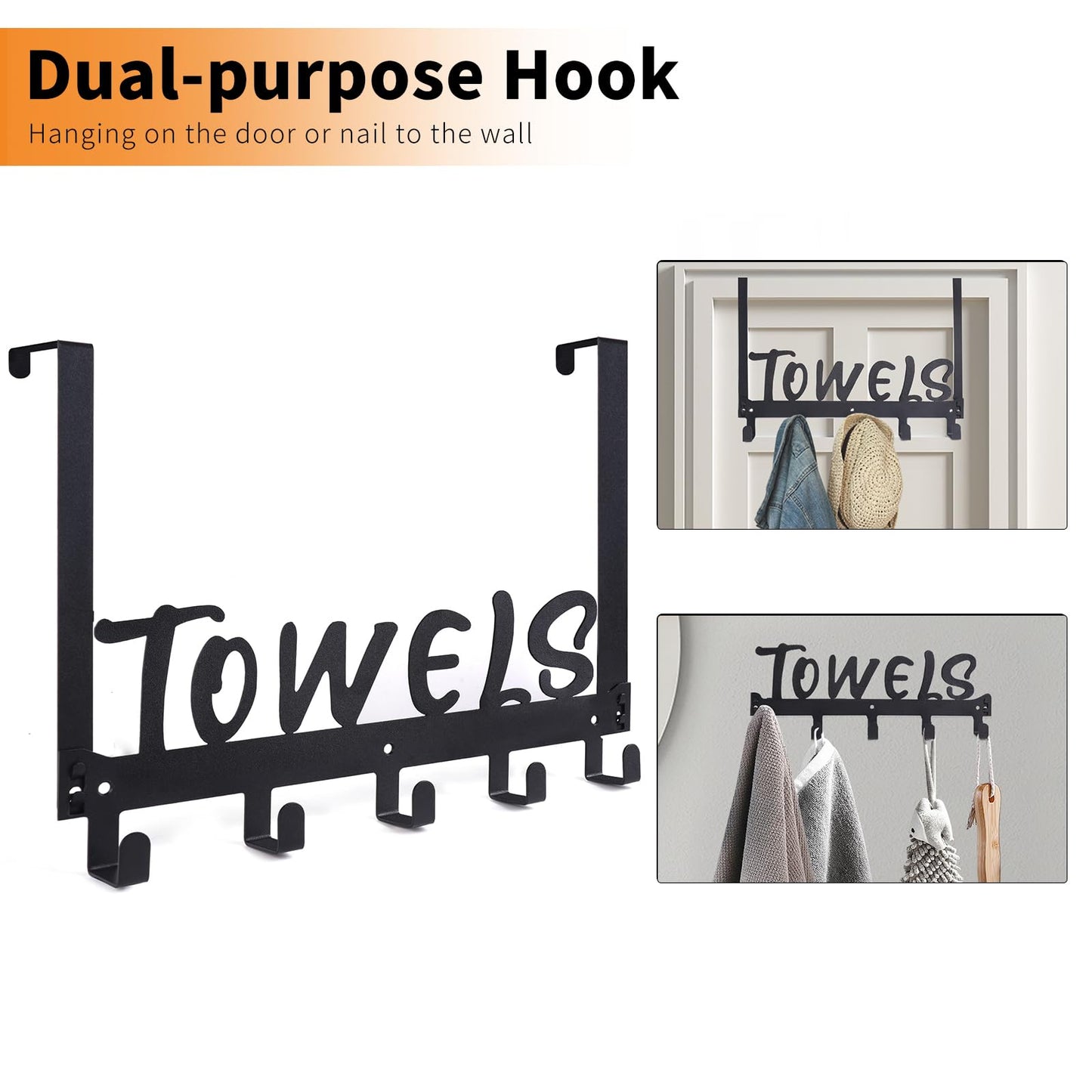 Gohiuo Over The Door Hook, Towel Holder Towel Hook for Bathroom, Towel Hanger Door Rack with 5 Coat Hooks, Over The Door Hanger Towel Rack for Bathroom, Bedroom Towels Coats, Black