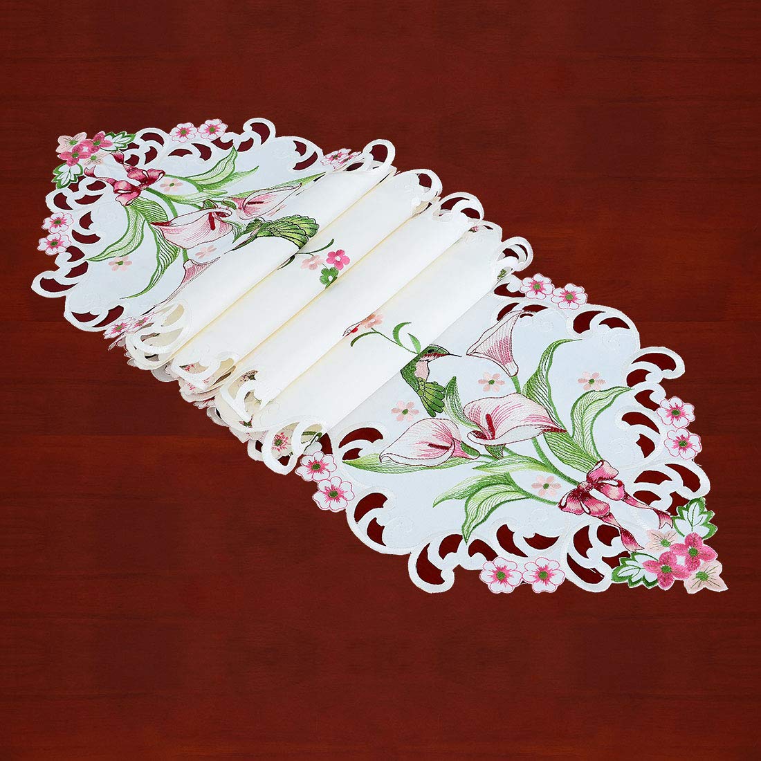 Simhomsen Embroidered Floral Table Runners for Spring and Summer, Hummingbird Flying on Calla Lily Flowers (13×88 inch)