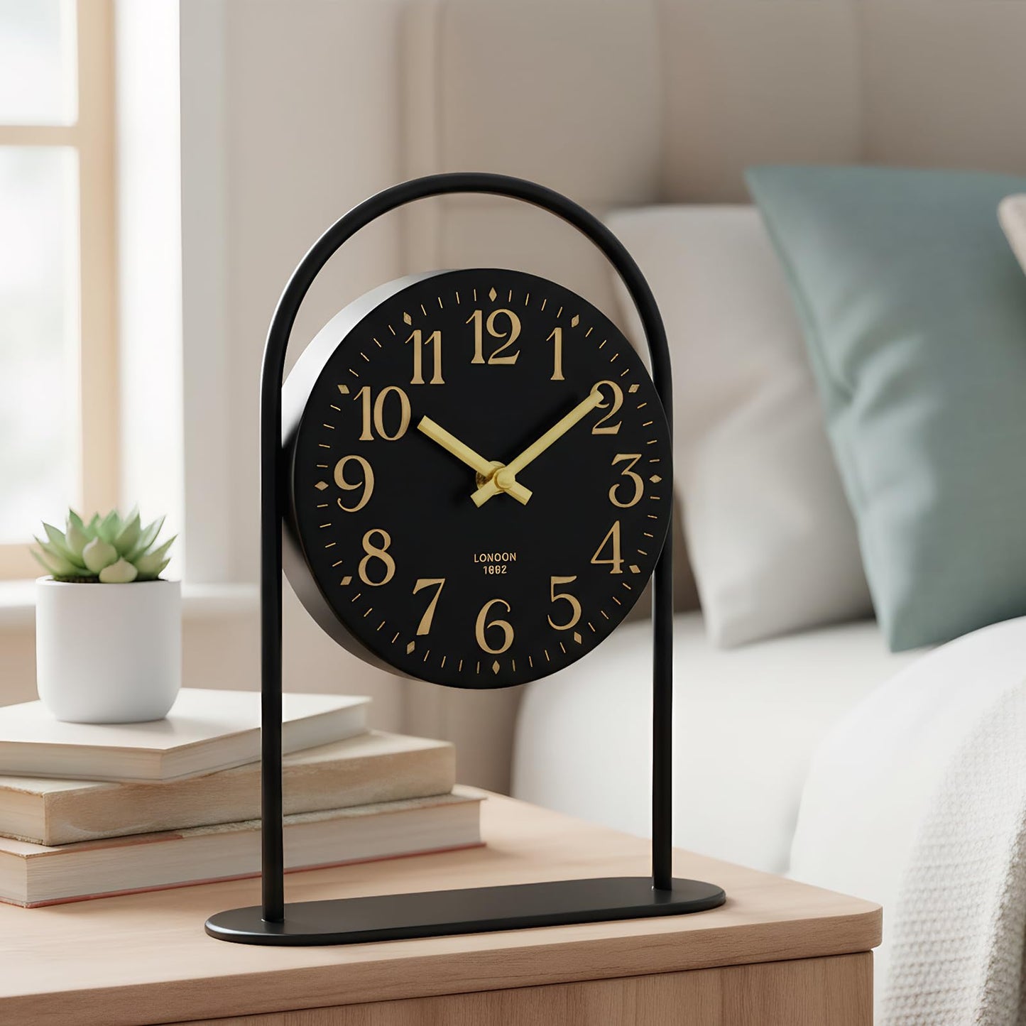 Modern Black Desk Clock - 10.6 Inch Arched Table Clock with Silent Non-Ticking Quartz Movement, Battery Operated Decorative Mantel Clock with Gold Arabic Numerals for Bedroom, Shelf & Office Decor