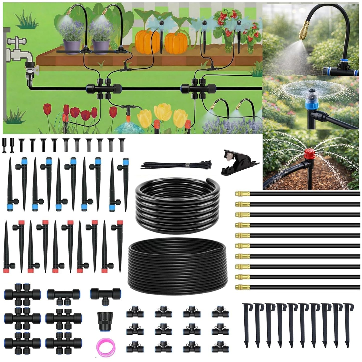 240FT Drip Irrigation System for Garden: 1/2" Quick Connect PE Tubing Automatic Water Sprinkler Kit Adjustable Misting Part 1/4" Watering Hose for Outdoor Raised Bed Plants Flower Yard Greenhouse