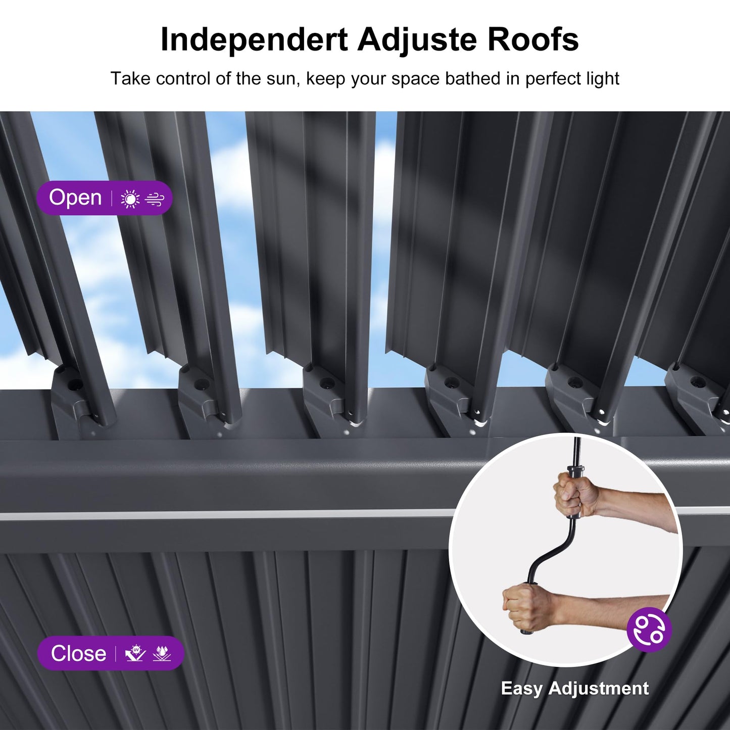 PURPLE LEAF Huge Louvered Pergola 92KS 13' x 20' with Integrated Solar LED Strip Light Adjustable Aluminum Roof Large All-Weather Plus Pergolas for Outdoor Kitchen Yard Gray
