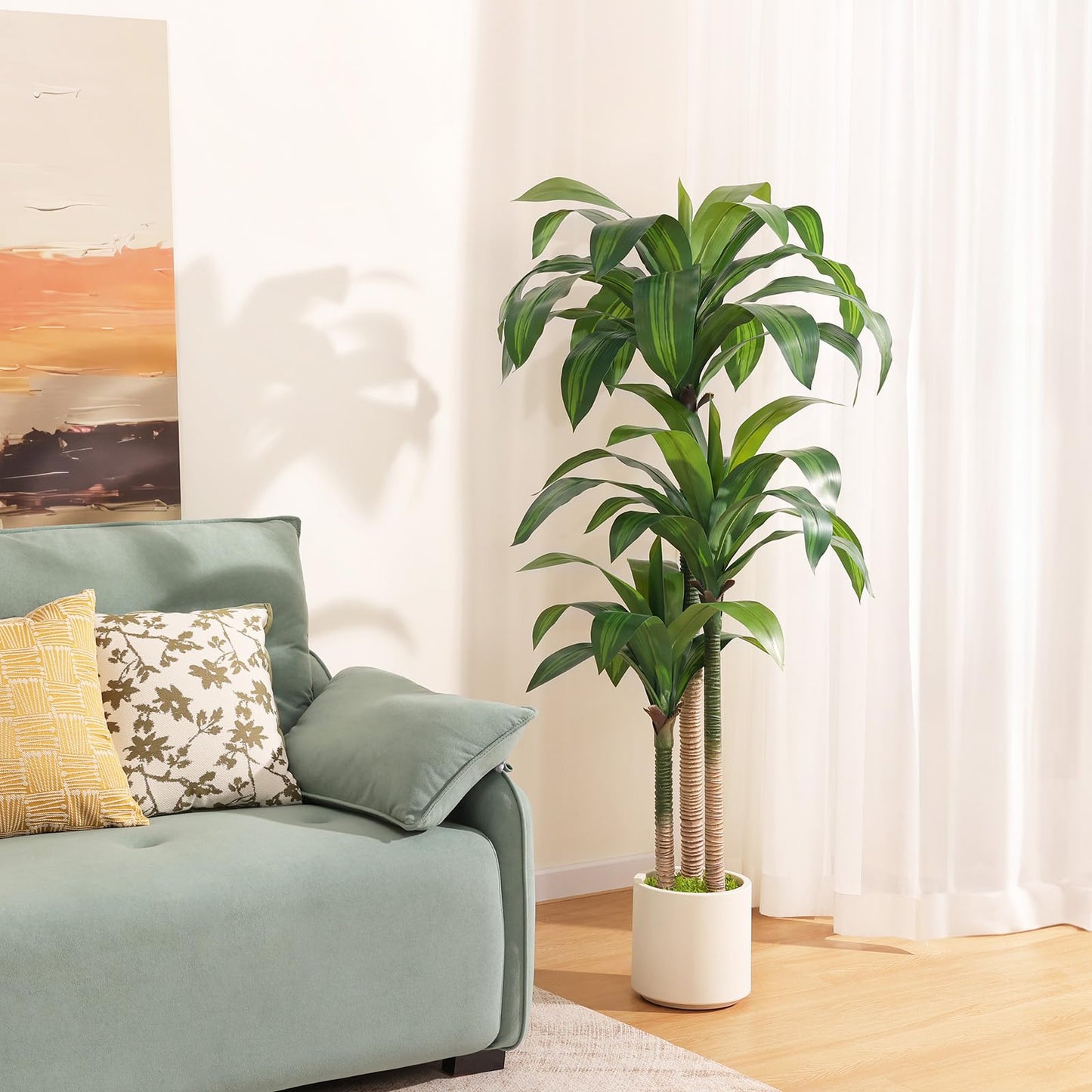 OAKRED Artificial Dracaena Tree 5ft, Tall Fake Dracaena Plants with White Planter, Faux Dragon Tree Indoor Floor Plant for Home Decor Office Living Room Porch Housewarming, 1Pcs