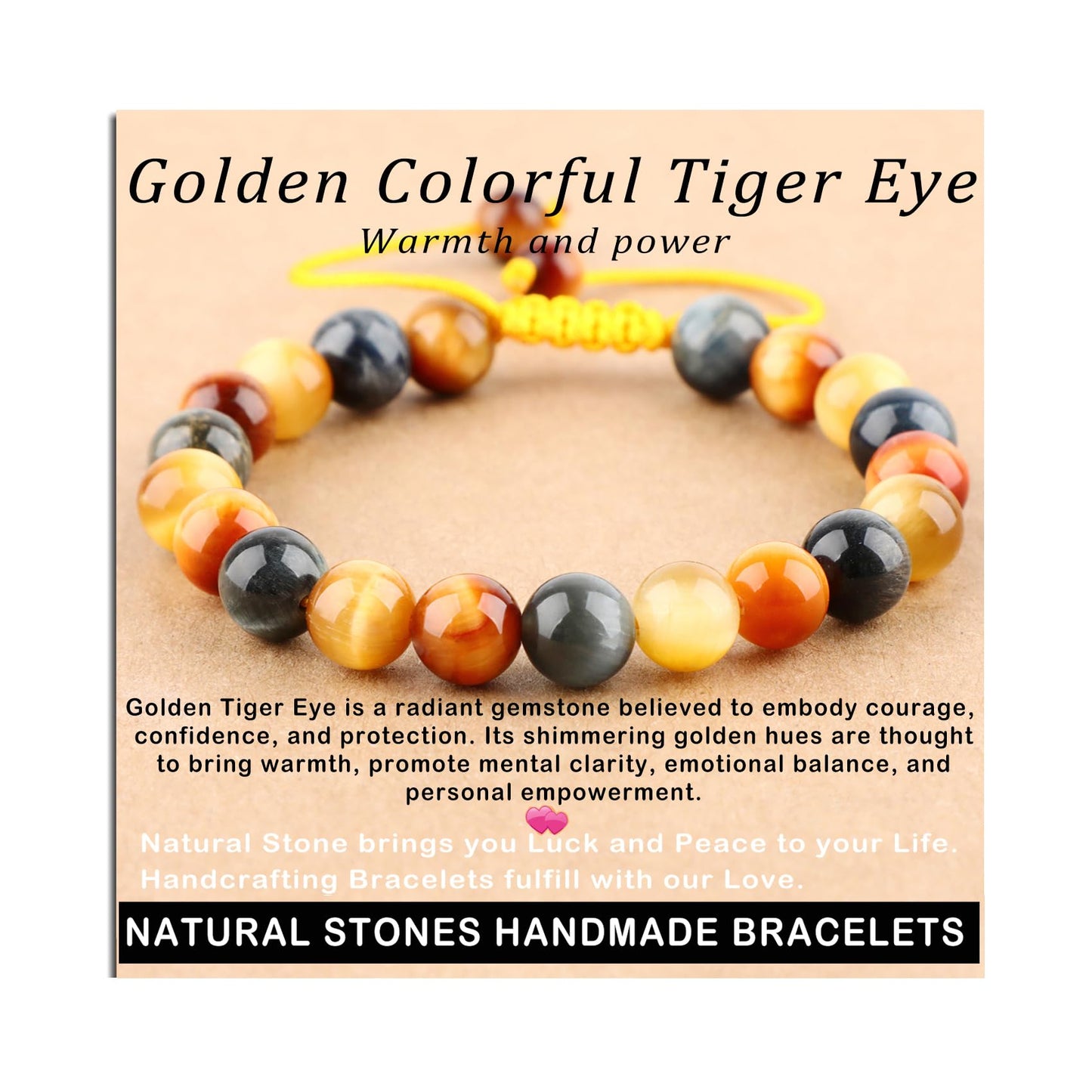 AD Beads 8mm Golden Colorful Tiger Eye - Warmth and power - Handmade Natural Stone Crystal Bracelet with Adjustable Macrame String - Yoga Healing Power Energy Gifts for Men and Women