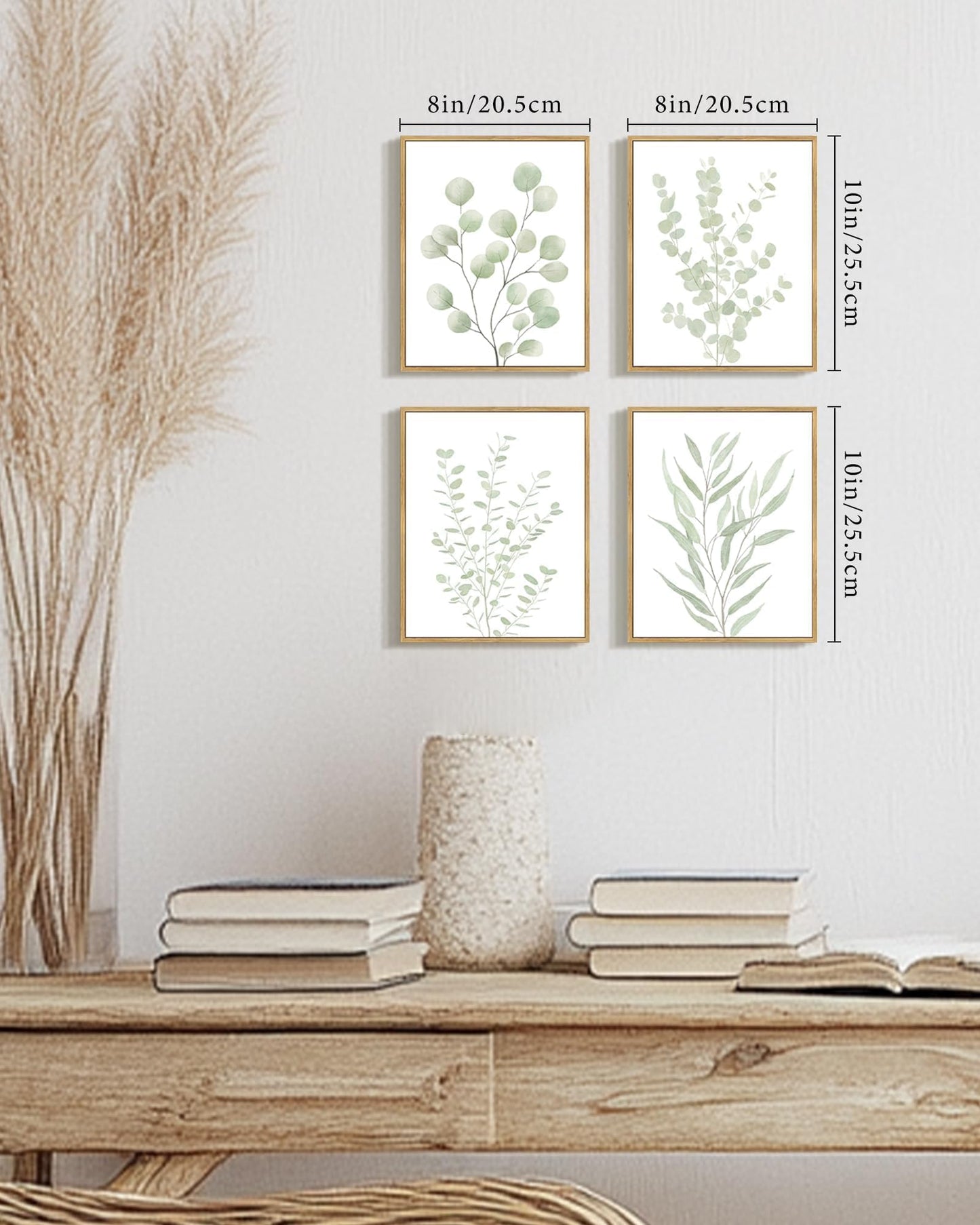 Drsoum Botanical Plant Framed Wall Art Boho Wall Decor for Bathroom Sage Green Eucalyptus Leaf Prints Minimalist Aesthetic Ready to Hang Set of 4, 8x10 in (Natural Framed)