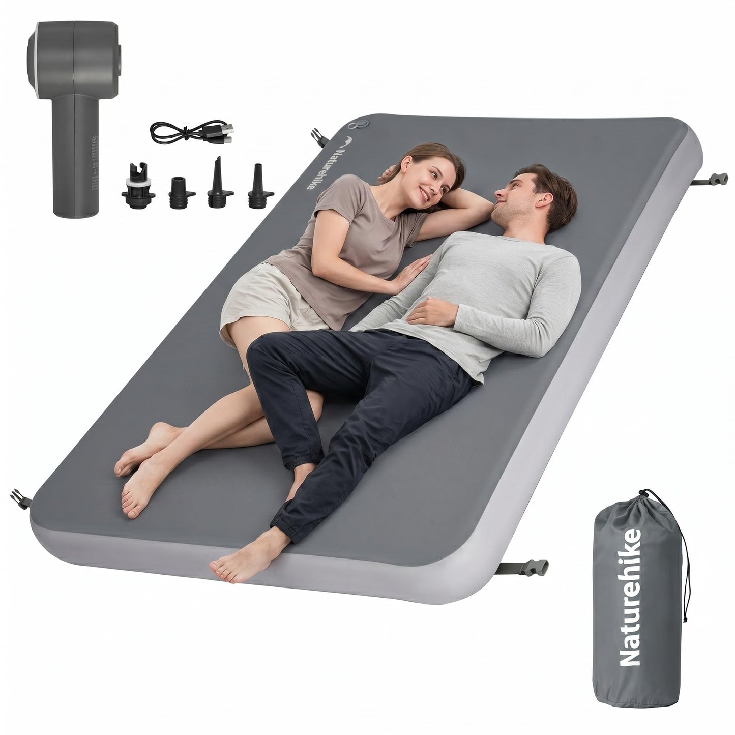 Naturehike 4" Drop Stitch Double Sleeping Pad with Electric Pump, 882 LBS Non-Collapsible Strong Support, Connectable Camping Mattress, Full Size Inflatable Air Mattress for Home, Camping, Guest