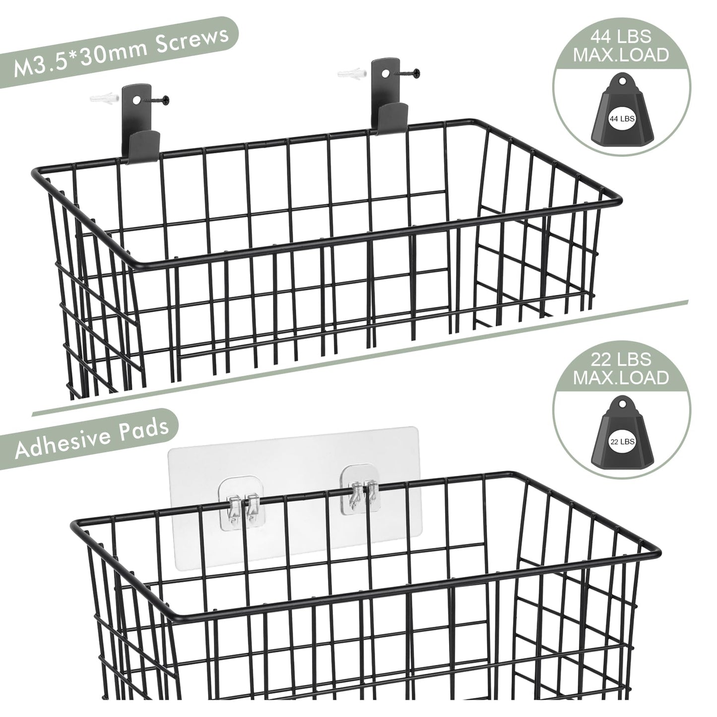 Wall Hanging Baskets 3 Pack, Diversified Wire Basket Shelves of Wooden Style, with Wall Mounted Hooks & Traceless Stickers, for Kitchen Coffee Bar Office Room Garage Storage Organization (Large)