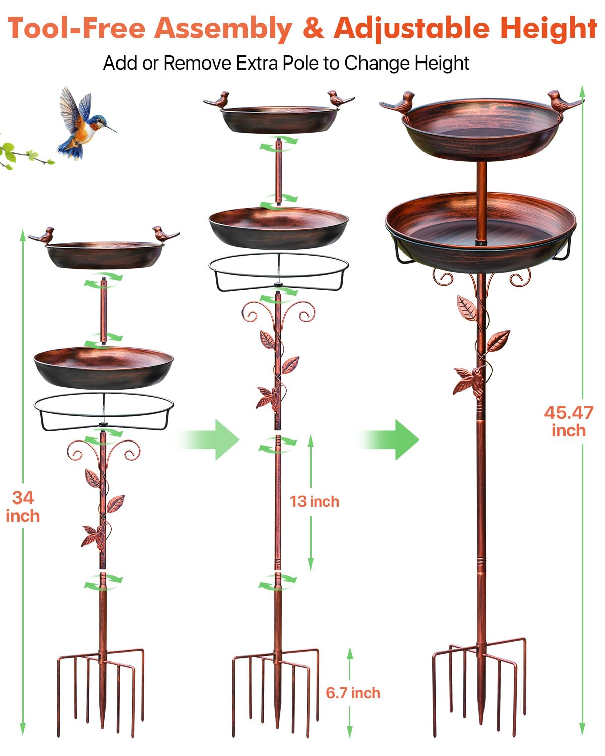 TLEYTOA Metal Bird Bath for Outside - Outdoor Garden Decor Birdbath 2-Tier Water Bowl with Copper Finish Stake Adjustable Height 45'' Tall for Yard