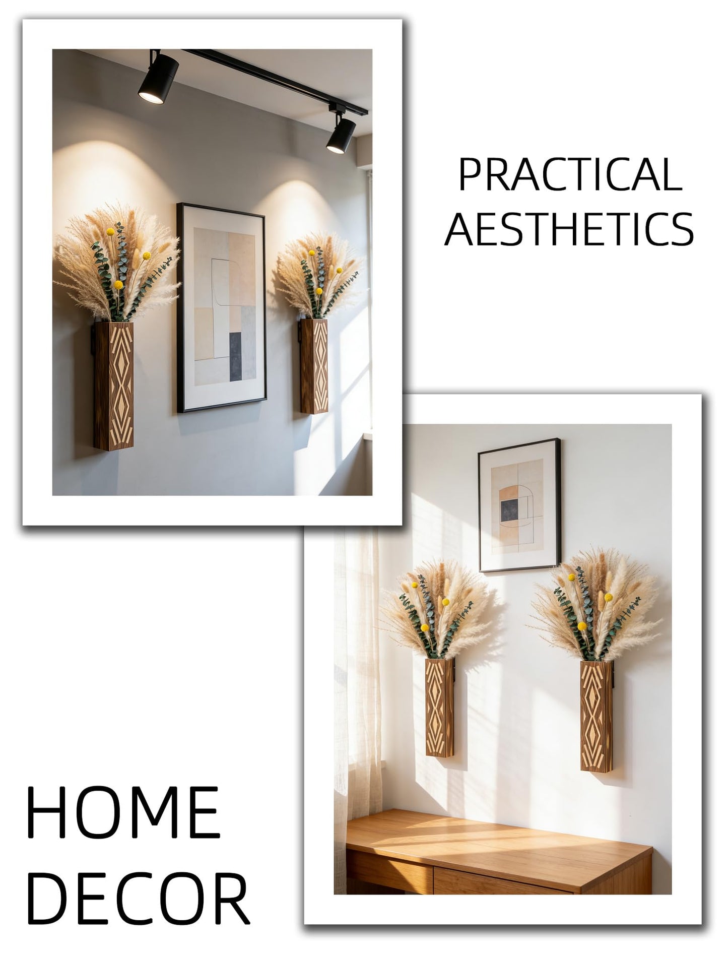 Set of 2 Wooden Wall-Mounted Vases with Pampas Grass & Eucalyptus Bouquet - Bohemian Home Decor for Living Room/Entryway/Bathroom - Rustic Wall Art for Modern Farmhouse Style
