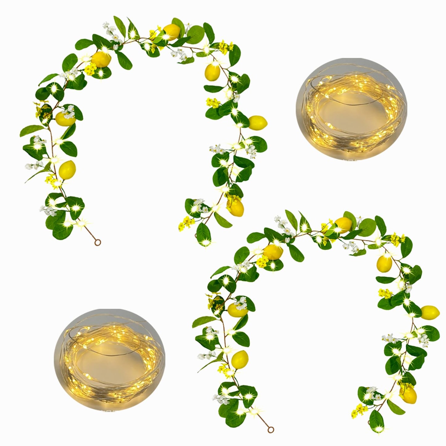 Hamifinee 2Pcs Artificial Lemon Garland Spring Summer Greenery Vine Garlands with Lemons Dense Flowers Fairy Light Battery Powered for Door Wall Mantle Wedding Party Table Christmas Decorations