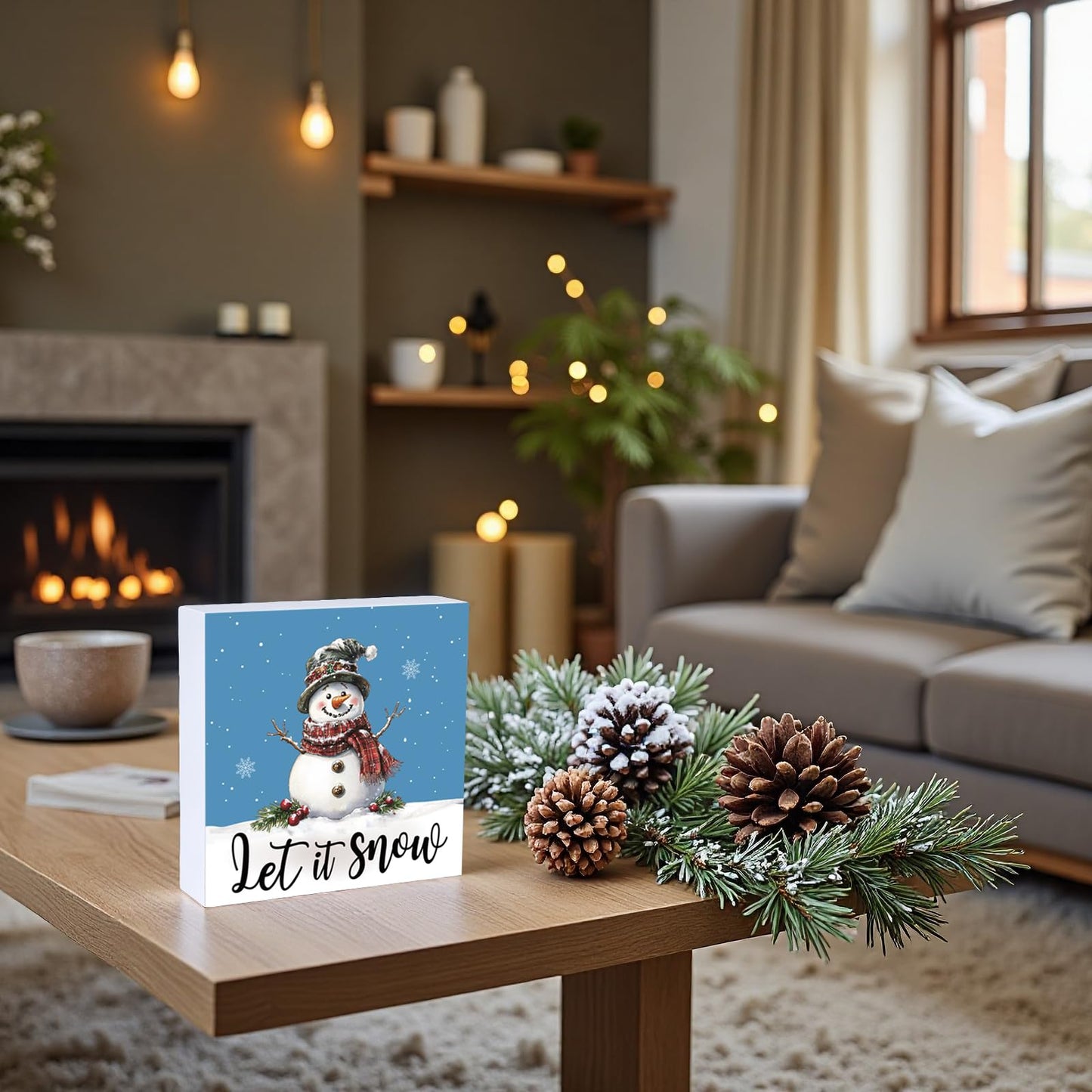 Winter Decorations Indoor Winter Decor Home Room Let It Snow Snowman Office Bathroom Table Wood Box Sign Rustic Wooden Shelf Desk Decor Season Sign House Warming Gifts 5.9 x 5.9 Inch