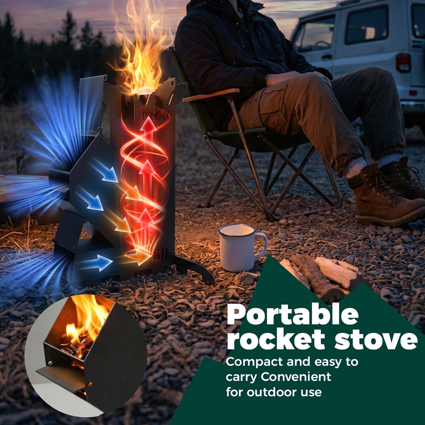 Rocket Stove for Cooking Portable Wood Burning Wood Fire Camping Backyard Cooking Outdoor Events BBQ Comes with Storage Bag