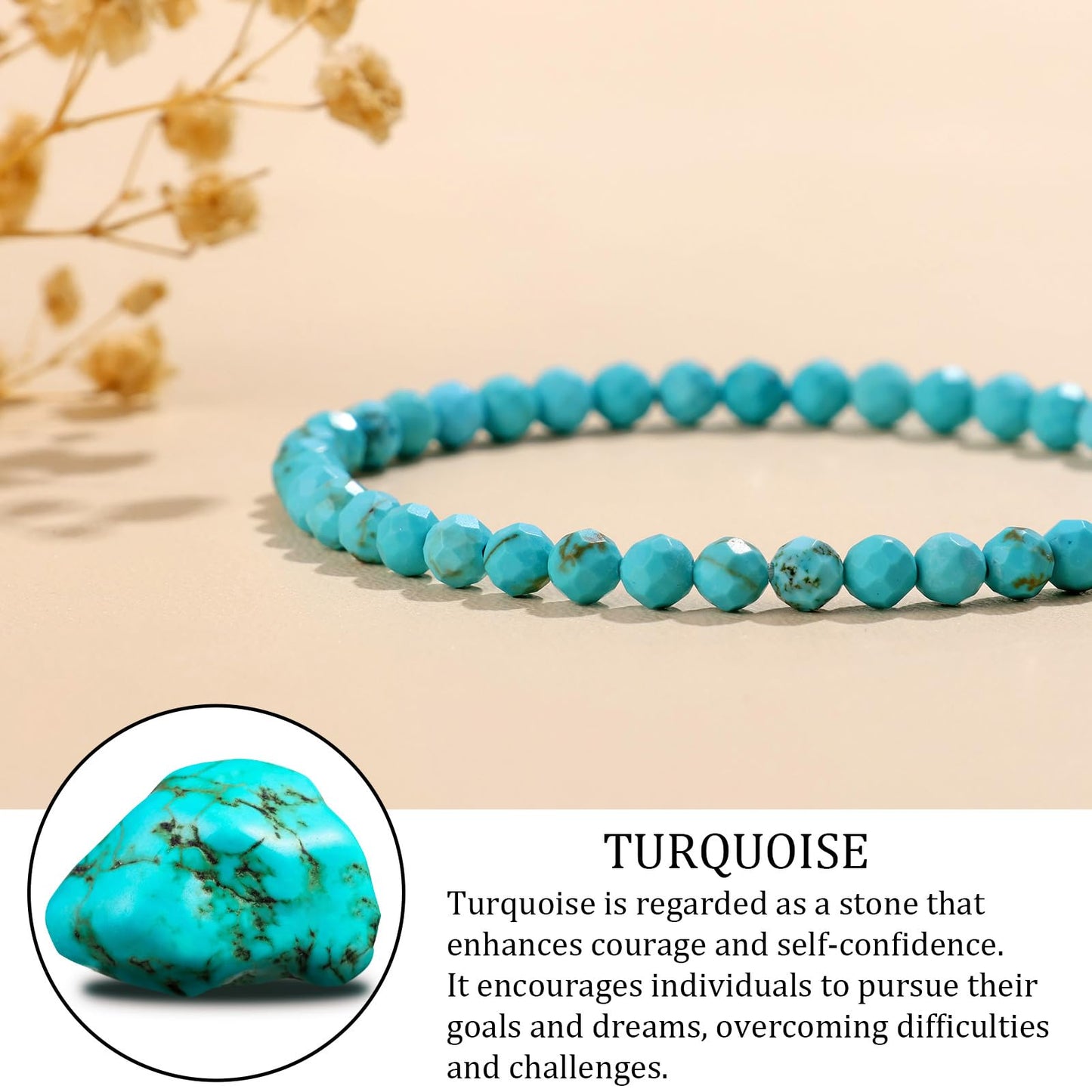 GolbalJew Natural Gemstone Beads Bracelets Healing Crystal Stone Beaded Bracelet for Women Men Handmade Spiritual Jewelry Gifts, 4mm Turquoise Faceted Round Beads