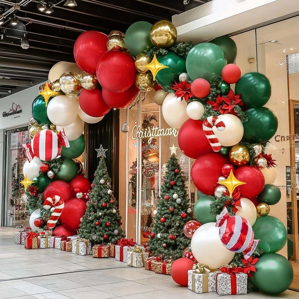 Christmas Red and Green Balloon Garland Arch Kit Pearl White Gold Foil Candy Cane Balloons With Gold 4-Point Star Balloons For Christmas Party Decorations