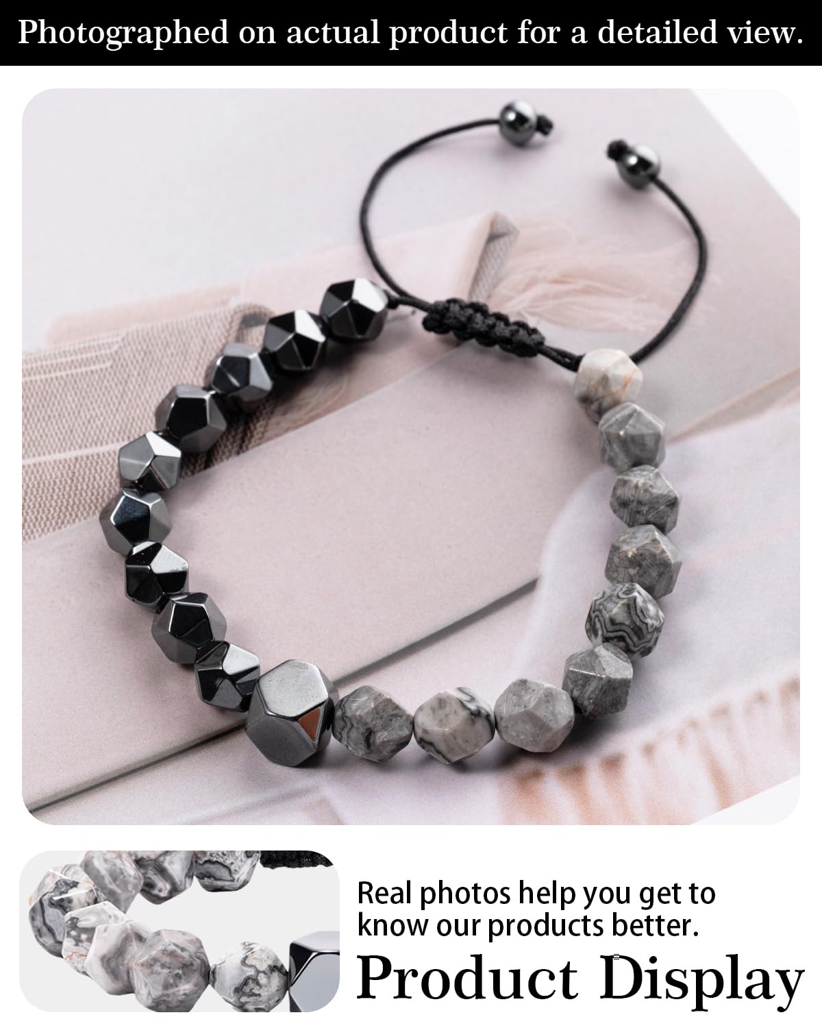 Beaded Bracelet for Men, 10mm Natural Stones Bracelet for Men's Gift, Adjustable Precision-Cut Gemstone Crystal Healing Bracelet, Protection Jewelry Gift with Hematite, Tiger Eye (Map Stone & Hematite)