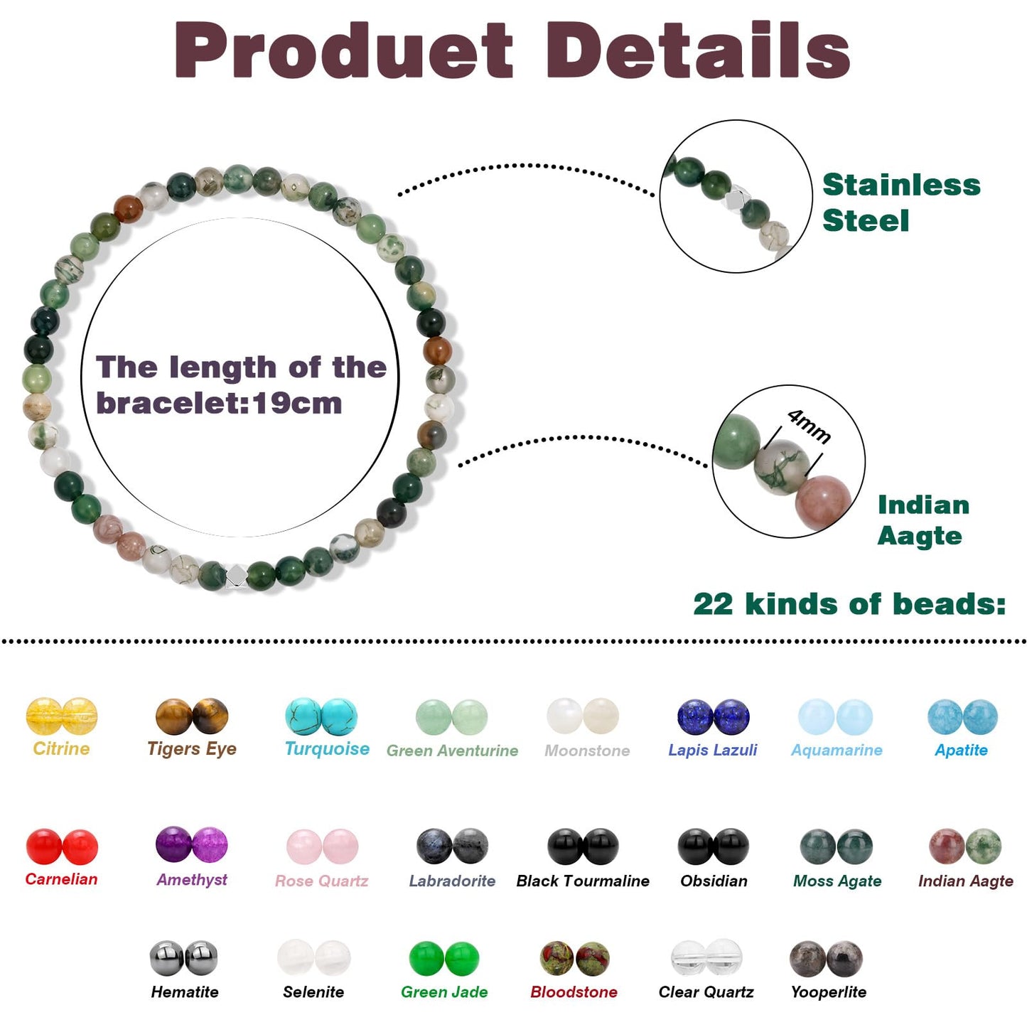 Raicegs 4MM Indian Agate Beaded Bracelets Healing Crystal Bracelet for Women Men Natural Stone Handmade Stretch Bracelet Reiki Spiritual Jewelry
