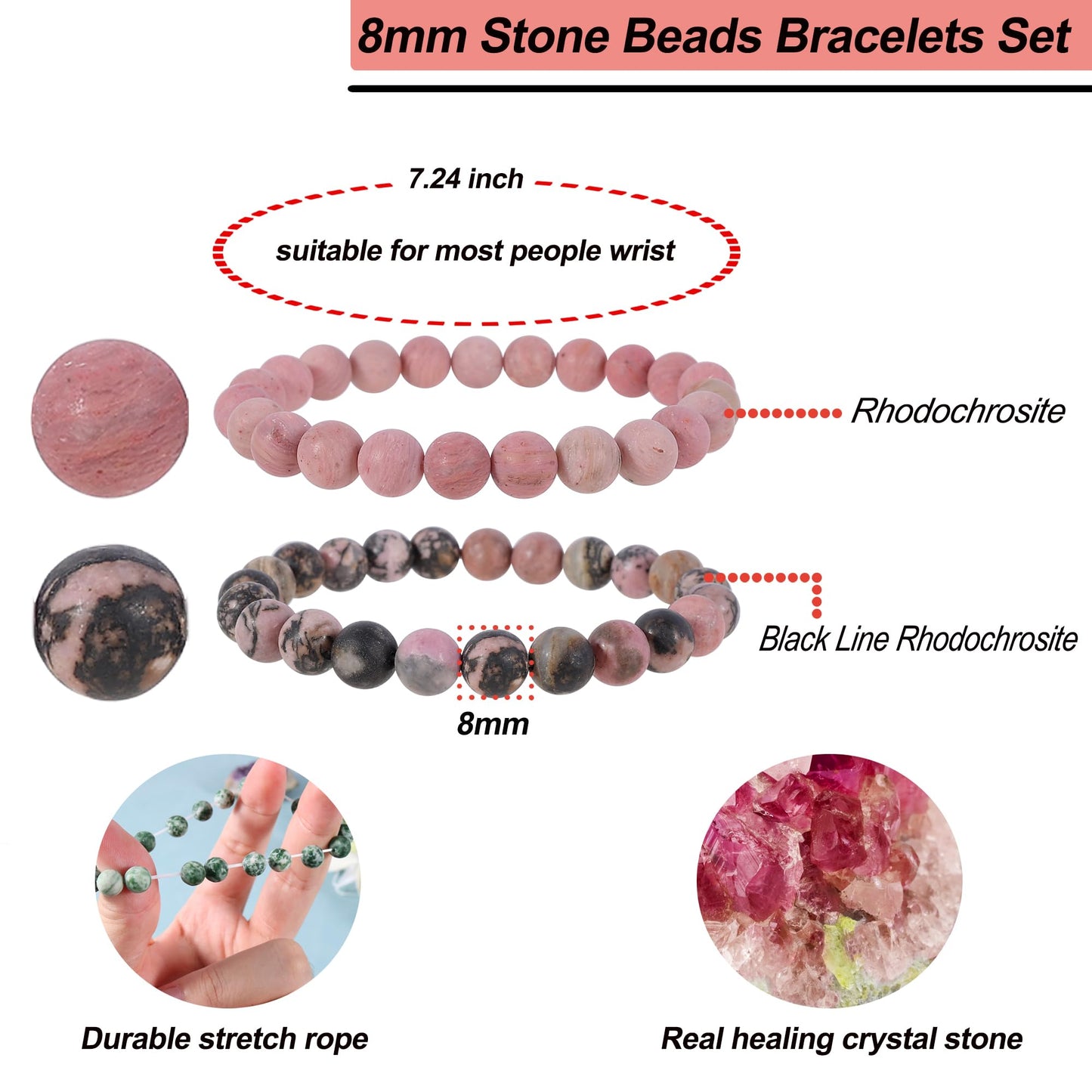 Bivei Natural Gemstone Semi Precious Crystals Handmade Stretchy Round Beads Bracelet, Enhance Positive Energy,Stocking Stuffers for Women(Rhodochrosite & Rhodonite (Love & Compassion) Medium)