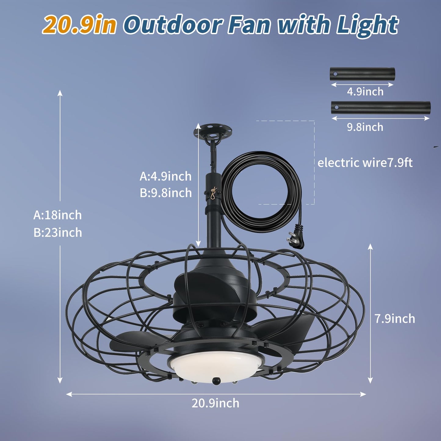 AHAWILL Outdoor Ceiling Fan with Light,20in Gazebo Fan with Remote and APP, 6 Speed,Dimmable 3 Color,Waterproof Cage Fan for Patio,Porch, Pergola,Canopy (dark black)