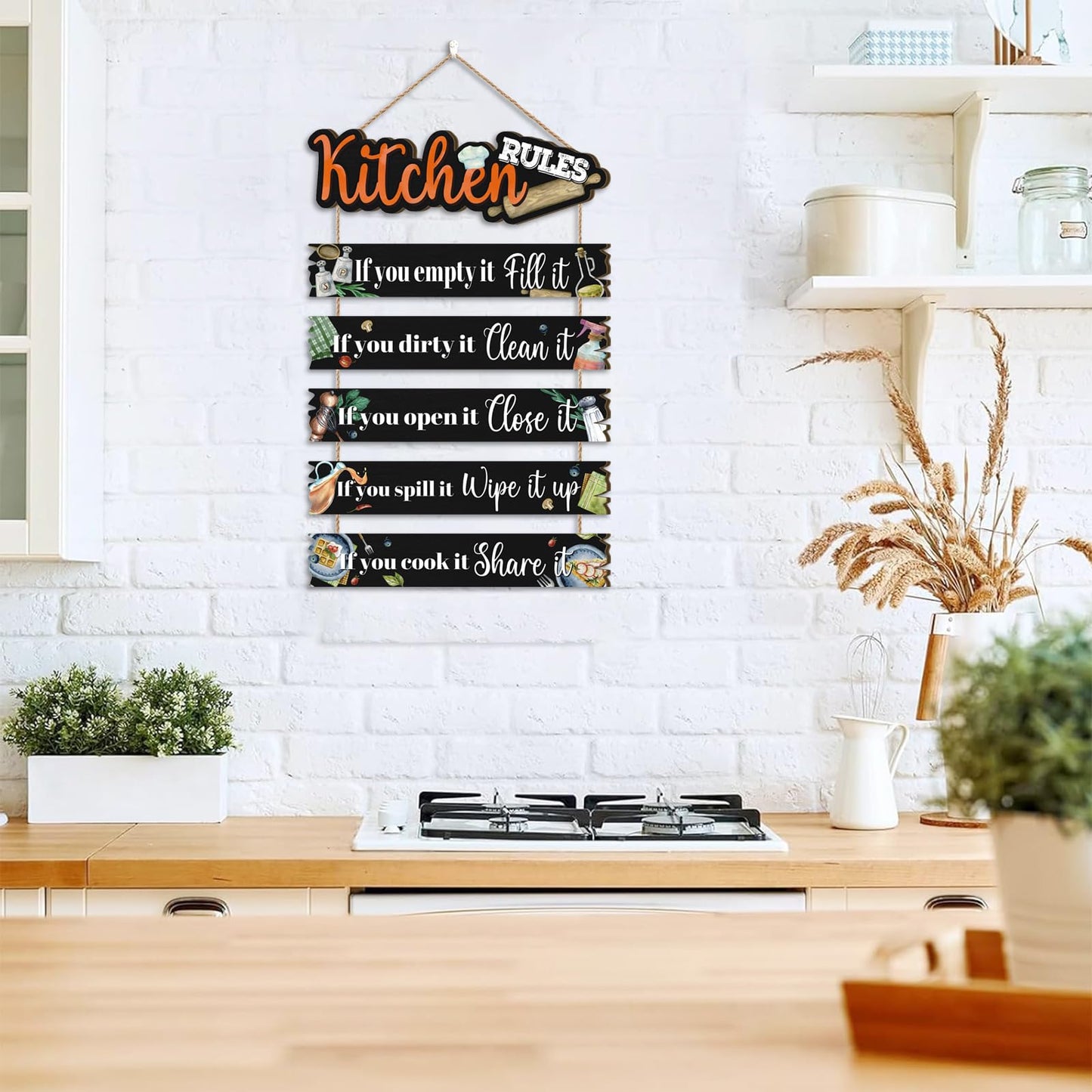 Celestdeco Kitchen Wall Sign,Funny Kitchen Rules Wall Decor,Rustic Bless the Food Wall Decoration Food Door Sign,Family Wood Decor for Home Dining Room Living Room