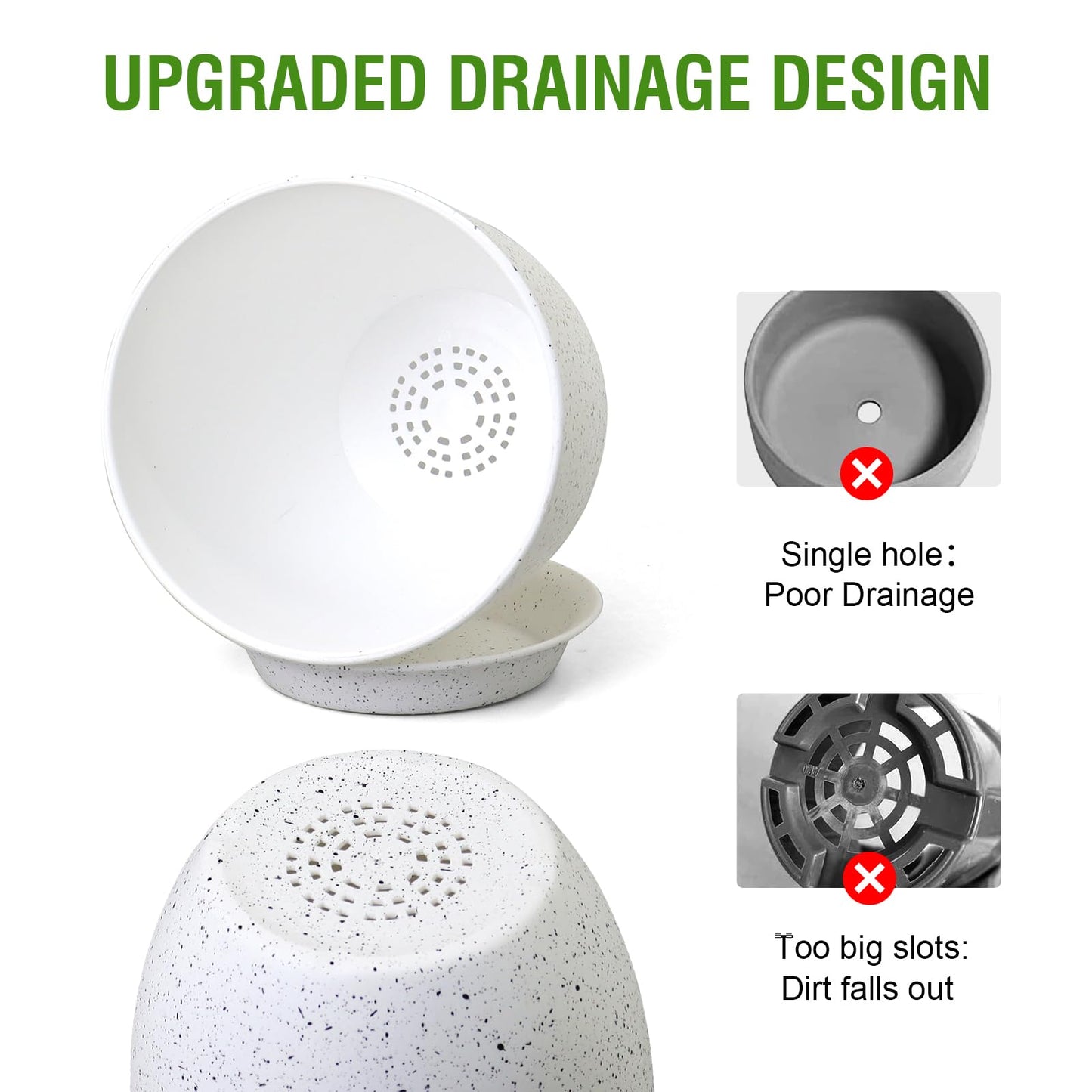 WSMKSZ 10/9/8 inch Medium Plant Pots, Set of 3 Modern Decorative Plastic Planters with Drainage Holes and Saucers for Garden House Plants, Flower Pots for Indoor Outdoor Plants, Speckled White