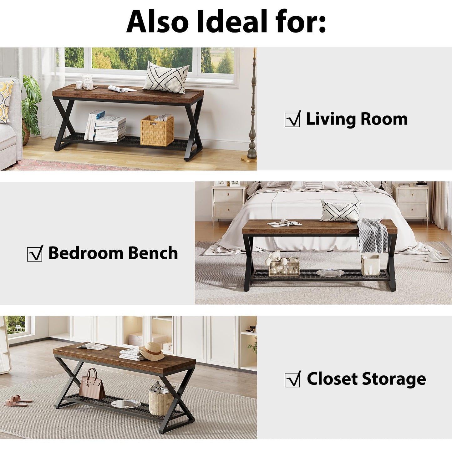 LVB Rustic Entryway Bench with Shoe Storage, Wooden and Metal Shoe Bench with Seating, Industrial Indoor Bench for Living Room Bedroom, Shoe Rack Bench for Foyer Hallway Entrance, Rustic Brown, 39 in