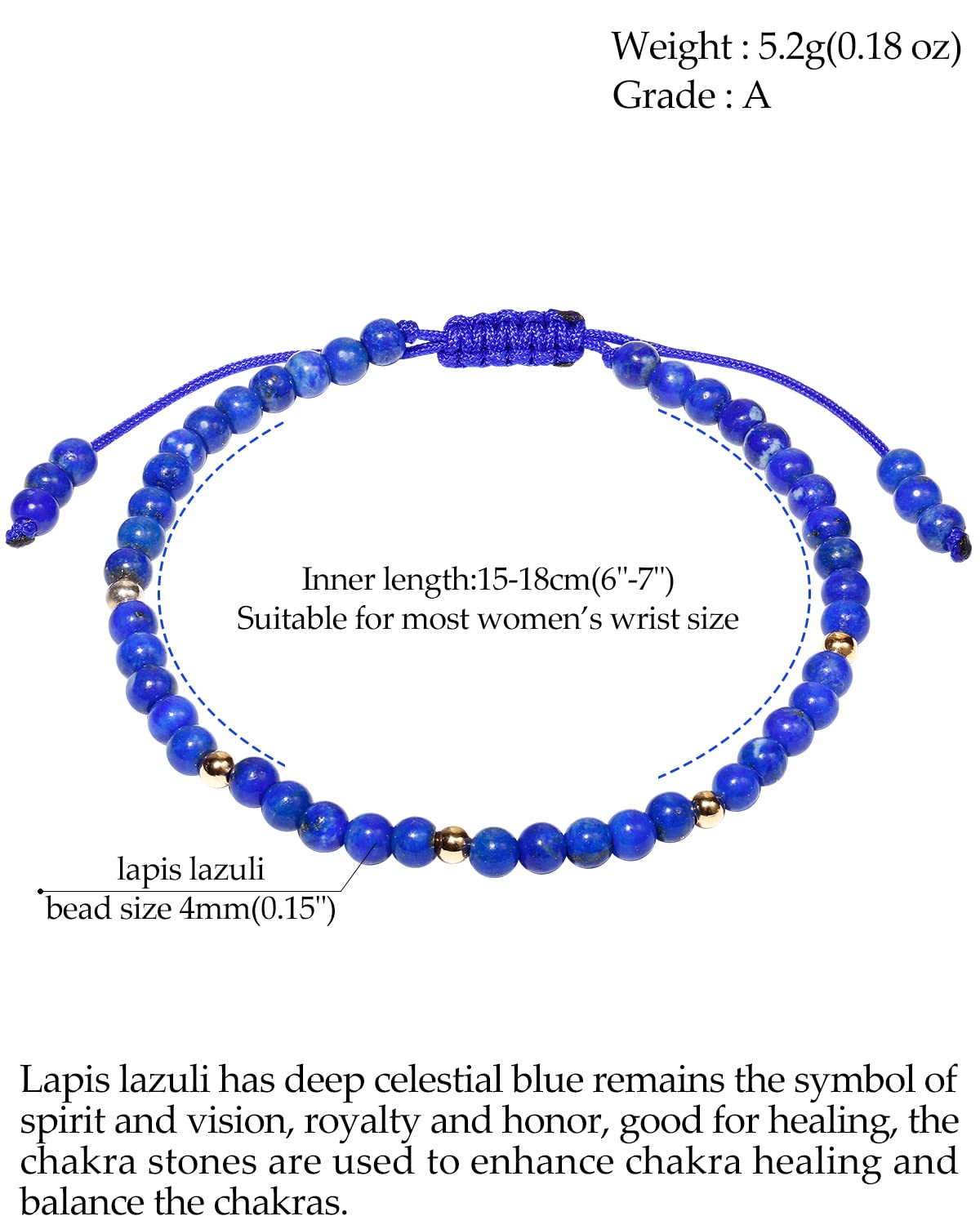 Jewever Gemstone Bracelet for Women Crystals and Healing Stones Beaded Stone Chakra Bracelets Healing Energy Crystal Jewelry Gifts Adjustable 4mm (Lapis Lazuli)