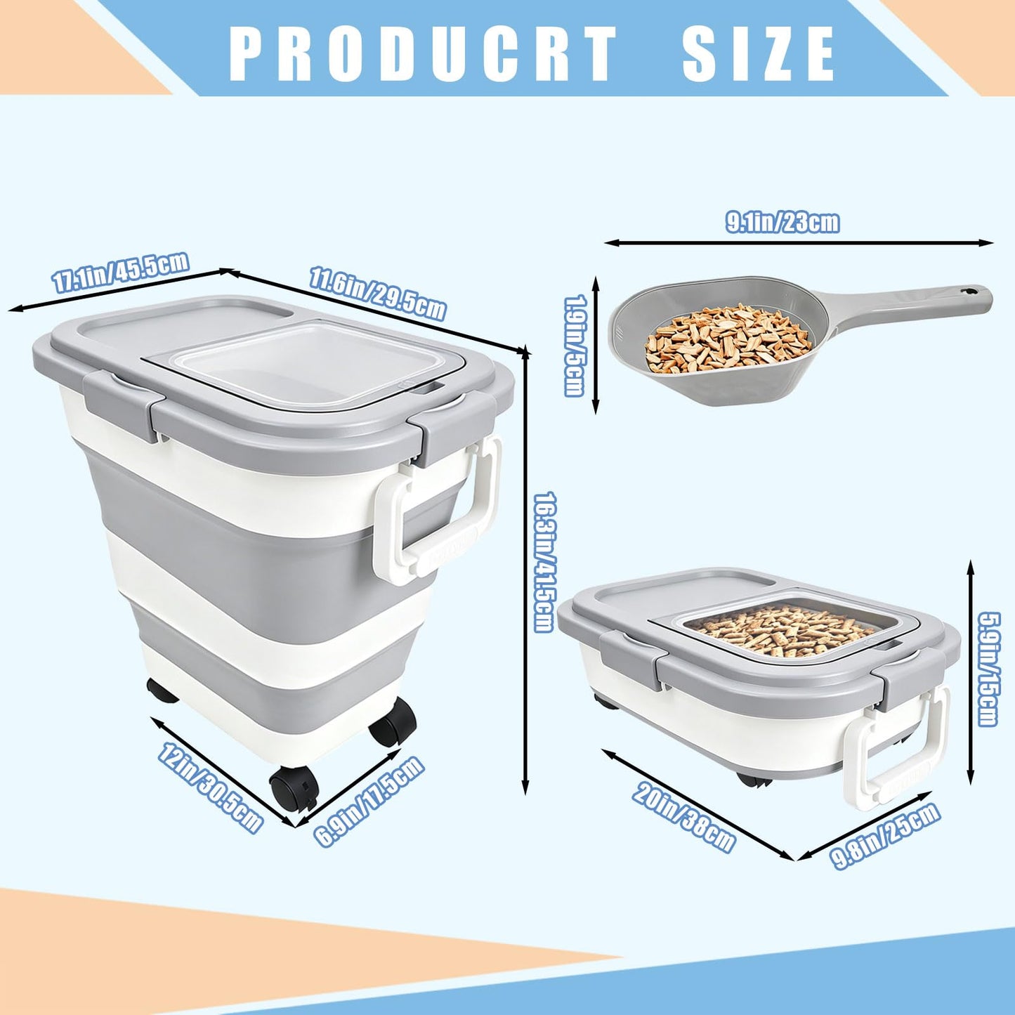 Wood Pellet Storage Containers 35lbs, Collapsible Pellet Storage Bin with Scoop and Label Stickers, Charcoal Storage with Locking Lid Clear Window, Smoker Pellet Storage Pellet Bucket Grill Accessory