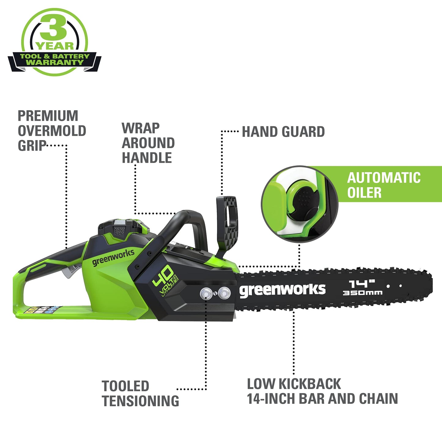 Greenworks 40V 14-Inch Cordless Chainsaw, 2.5Ah Battery Included (Great For Storm Clean-Up, Pruning, and Camping)