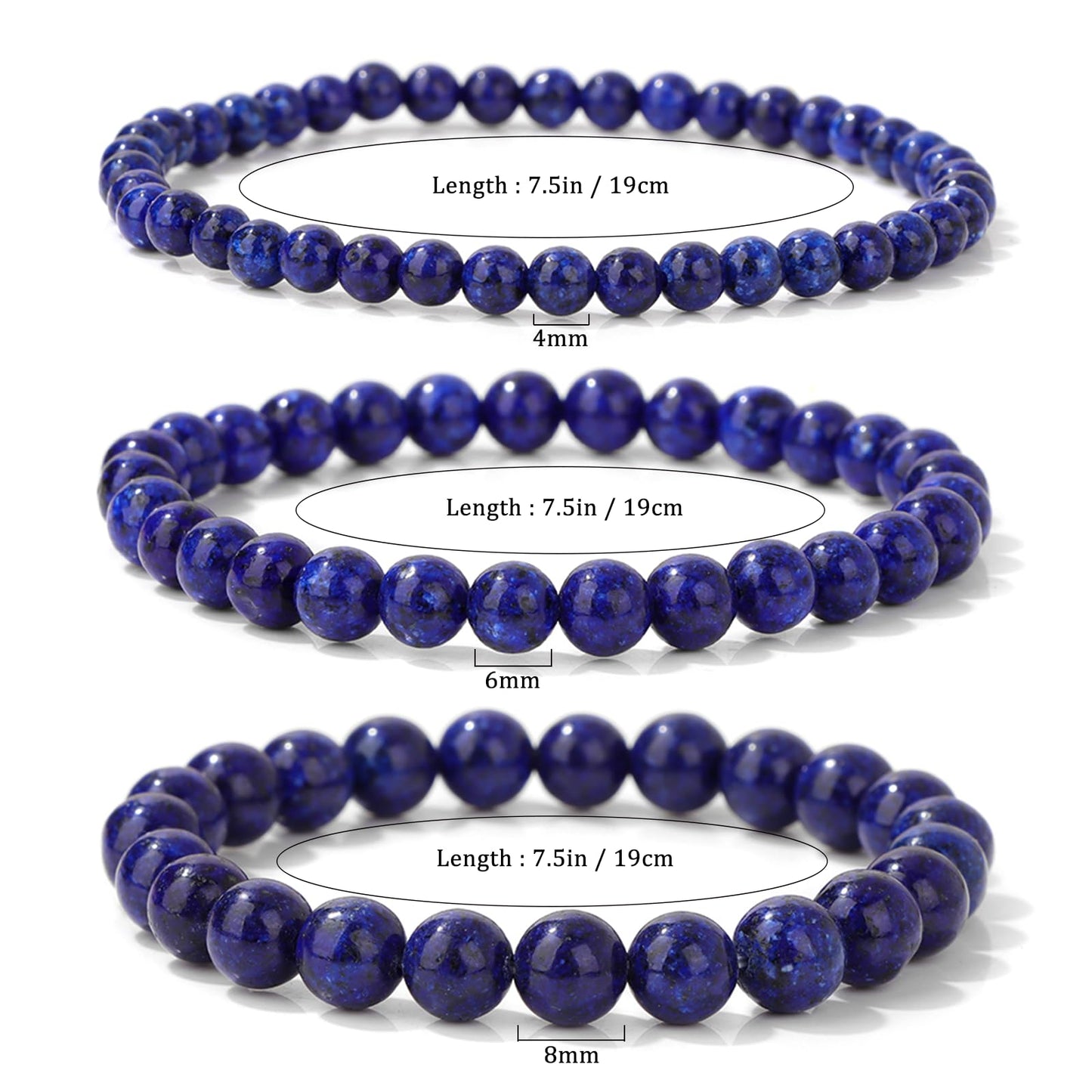 IVY TAILI Lapis Lazuli Bracelet Set: 3pcs Unisex Blue Lapis Lazuli Crystal Stretch Bracelets, 4-6-8mm, 6-8 inches, Lobster Claw Clasp