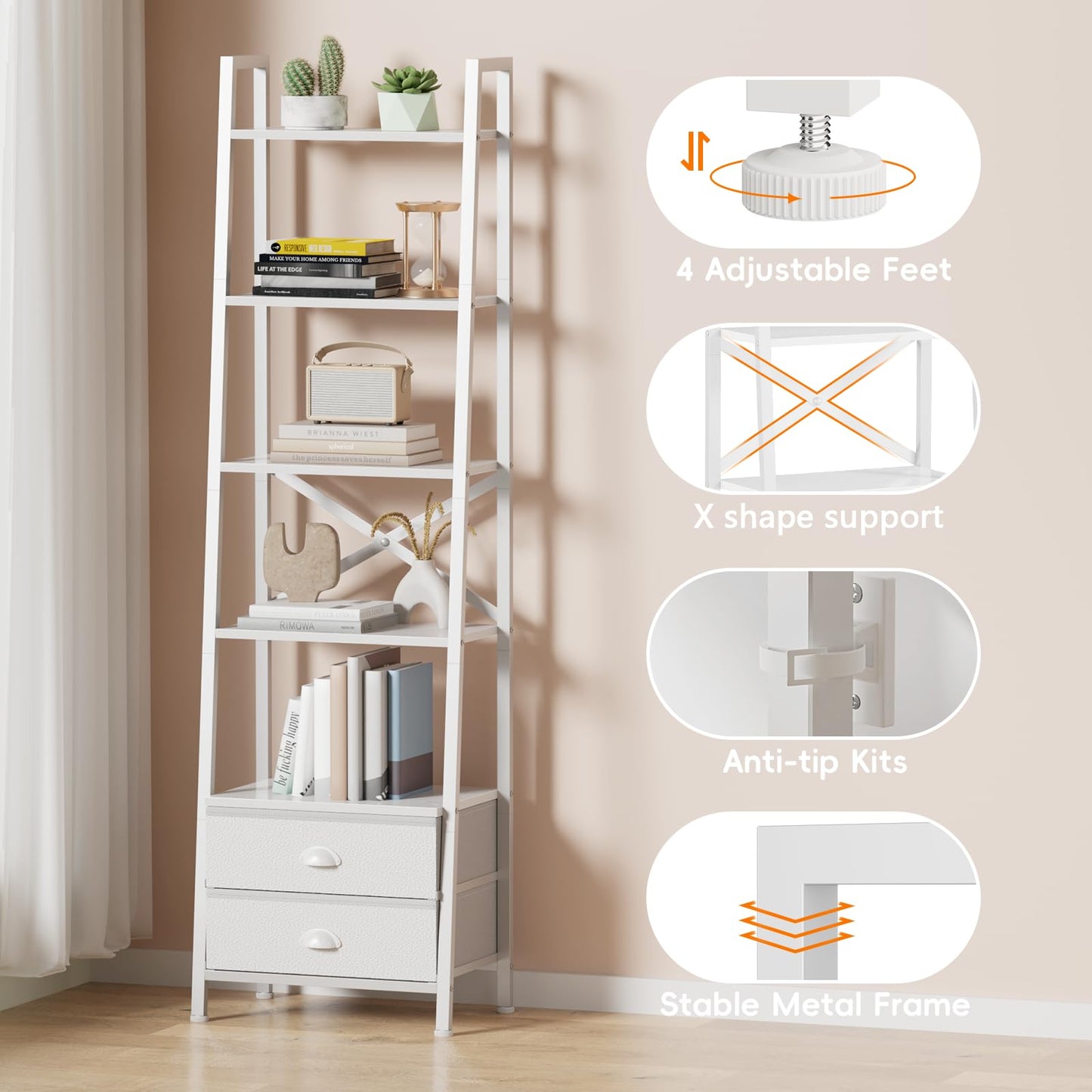 Furologee 5-Tier Ladder Shelf with 2 Drawers,Narrow Bookshelf Storage Shelves,Industrial Bookcase Freestanding Rack Units for Bedroom,Living Room,Bathroom,Home Office,Balcony,Wood Metal, White