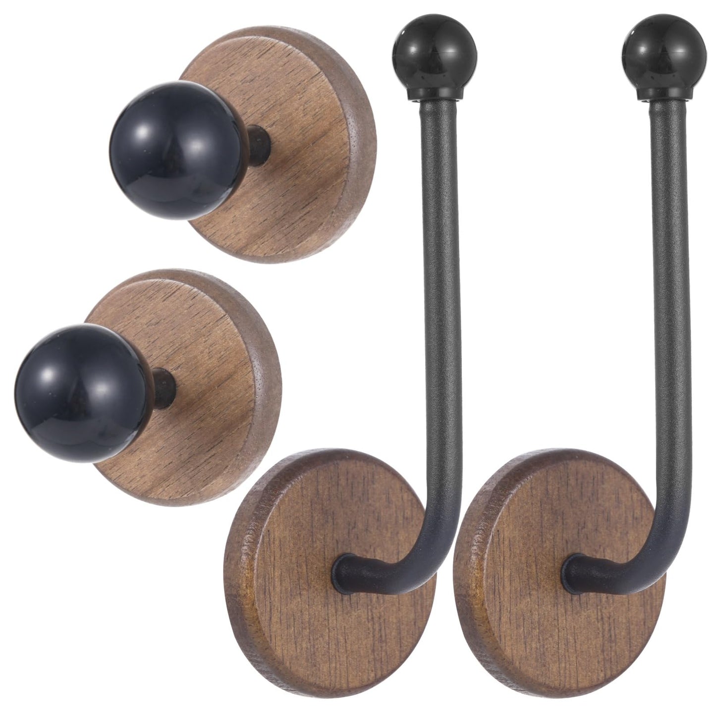 4 Pcs Walnut Wood Wall Hooks, Including 2 T-Shaped Hooks & 2 J-Shaped Holders, No-Drill Adhesive Curtain Holdbacks with Solid Wood Base for Coats, Hats, Keys & Hair Ties (Black)