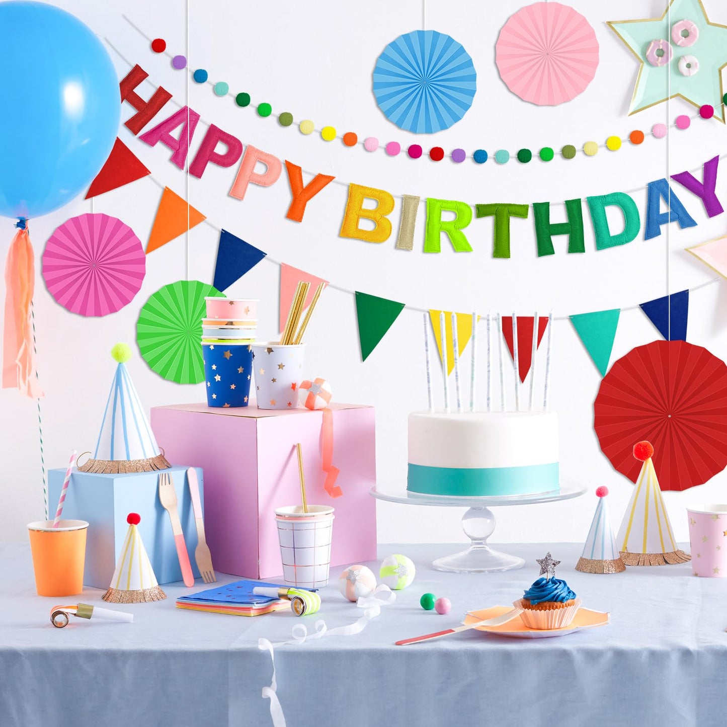 Danadia Pre-Strung Happy Birthday Banner, Reusable Felt Birthday Party Decorations, 3D Effect Happy Birthday Sign with Felt Ball Garland, Pennant Flag, Hanging Paper Fans for Men Women Boy Girls (Rainbow)