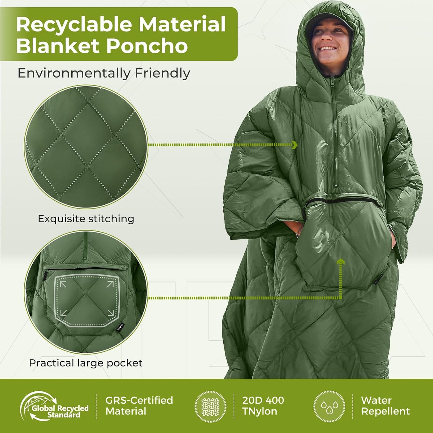 ATEPA Wearable Sleeping Bag, Recycled Insulated Water-Resistant Camping Blanket Poncho, Ultralight Packable Hooded Stadium Blanket for Outdoor Sports Fishing Backpacking Hiking Cold Weather, Green