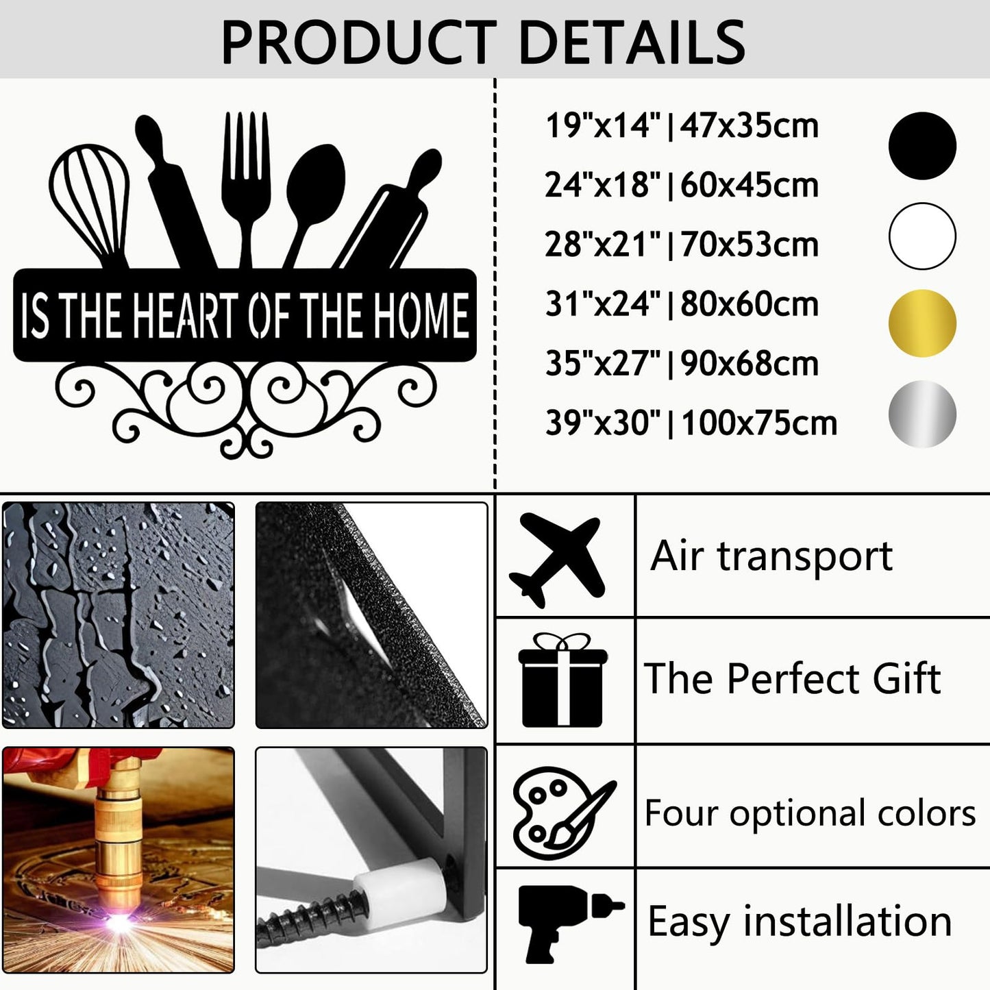 Kitchenware Metal Wall Decor, Kitchen Wall Decor, Kitchen Metal Wall Signs, Kitchenware Sign, Wall Art for Living, Dining Room (White, 19"x14"|47x35cm)