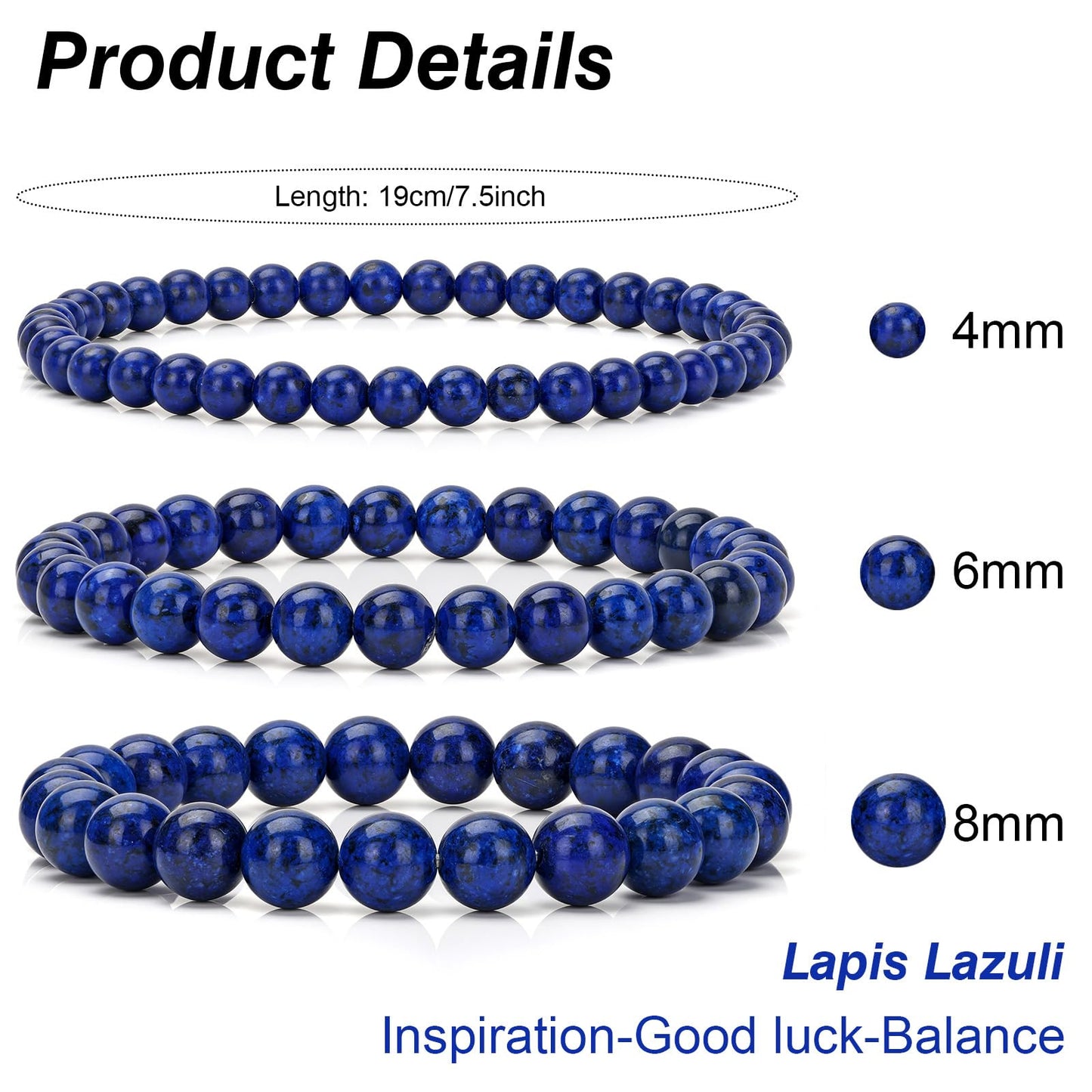 Bolinailo 3Pcs Natural Healing Crystal Bracelets for Women Men, 4mm 6mm 8mm Beaded Stretch Bracelet Set, Lapis Lazuli Natural Stone Gemstone Jewelry Gifts for Meditation, Reiki & Yoga
