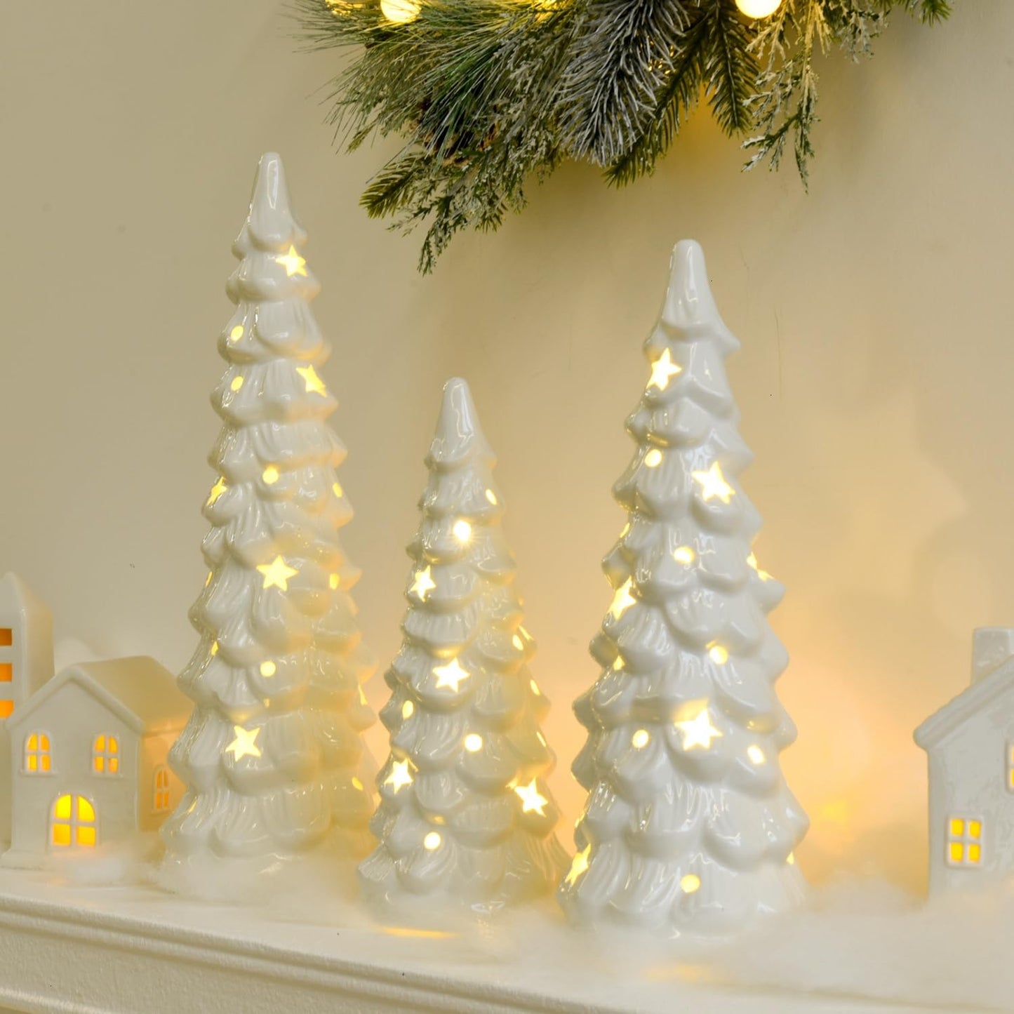 JETEHO Set of 3 White Ceramic Christmas Trees Tabletop Christmas Tree with Stars and Dots Cutouts Ceramic White Christmas Decorations for Home