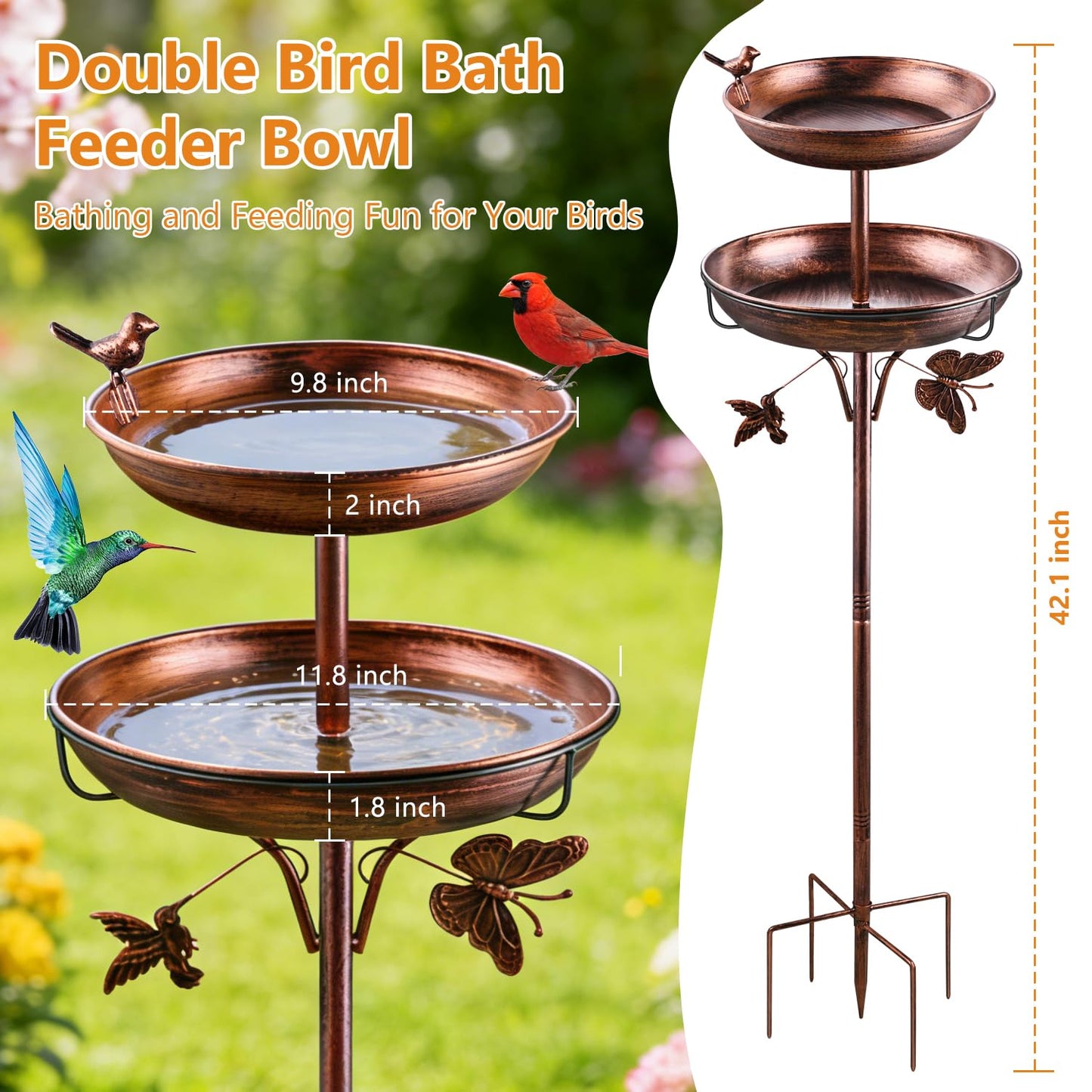 2 in 1 Bird Bath for Outside, 42 Inch Tall Free Standing Birdbaths Outdoor, Metal Bird Feeder Bowls for Garden Lawn Decor, Antique Bronze