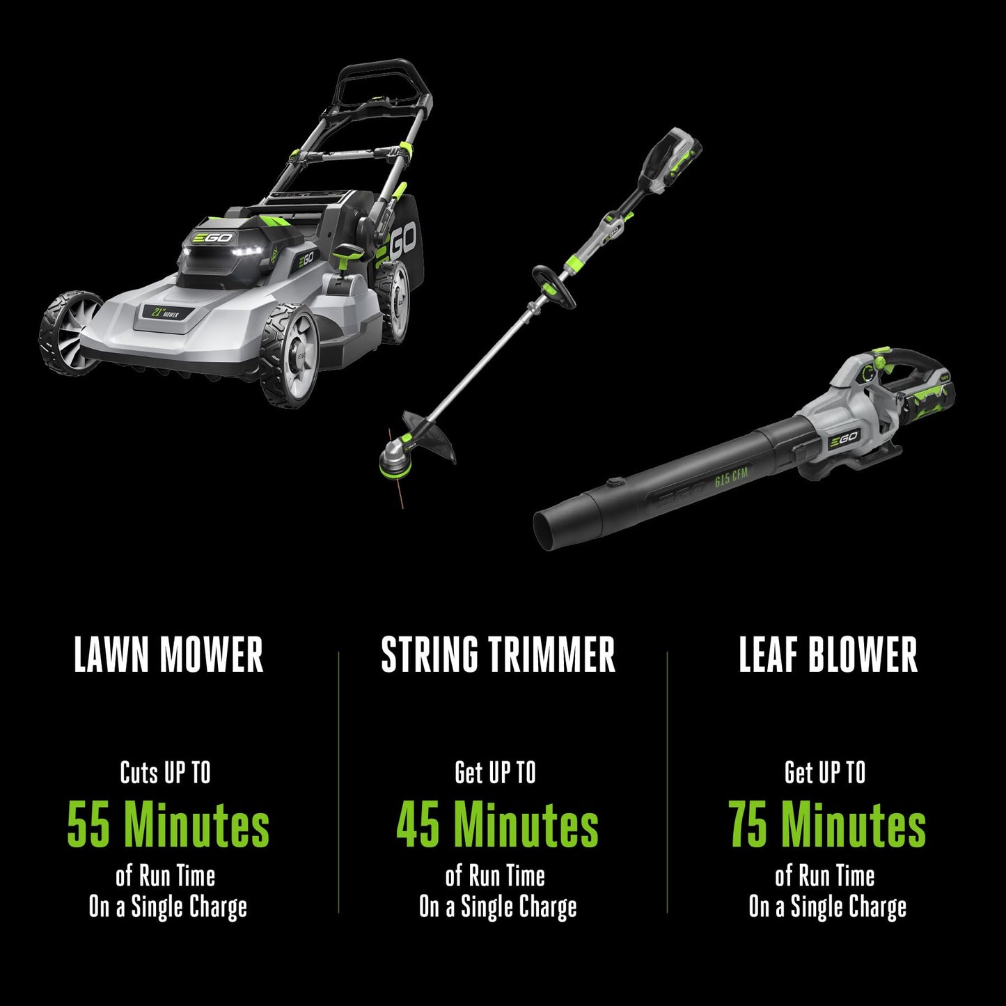 EGO POWER+ 56V Starter Collection 21" Cordless Push Lawn Mower LM2114 & 15" Powerload String Trimmer ST1511T & 615CFM Leaf Blower LB6151, (1) 4Ah (2) 2.5Ah Batteries and (3) Chargers Included