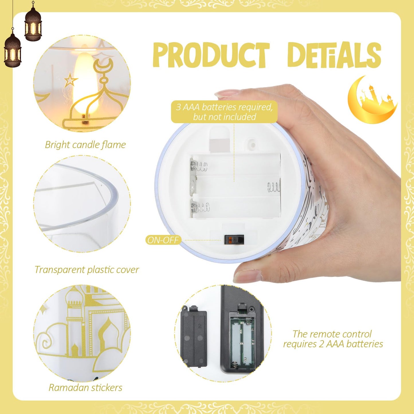 Huquary 3 Pcs Eid Mubarak Pillar Flameless Candles with Remote Ramadan Decorations Ramadan LED Flickering Candles Battery Operated Plastic Pillar Candlesticks for Eid Fit Gifts Home Decor, 3", 5", 6"