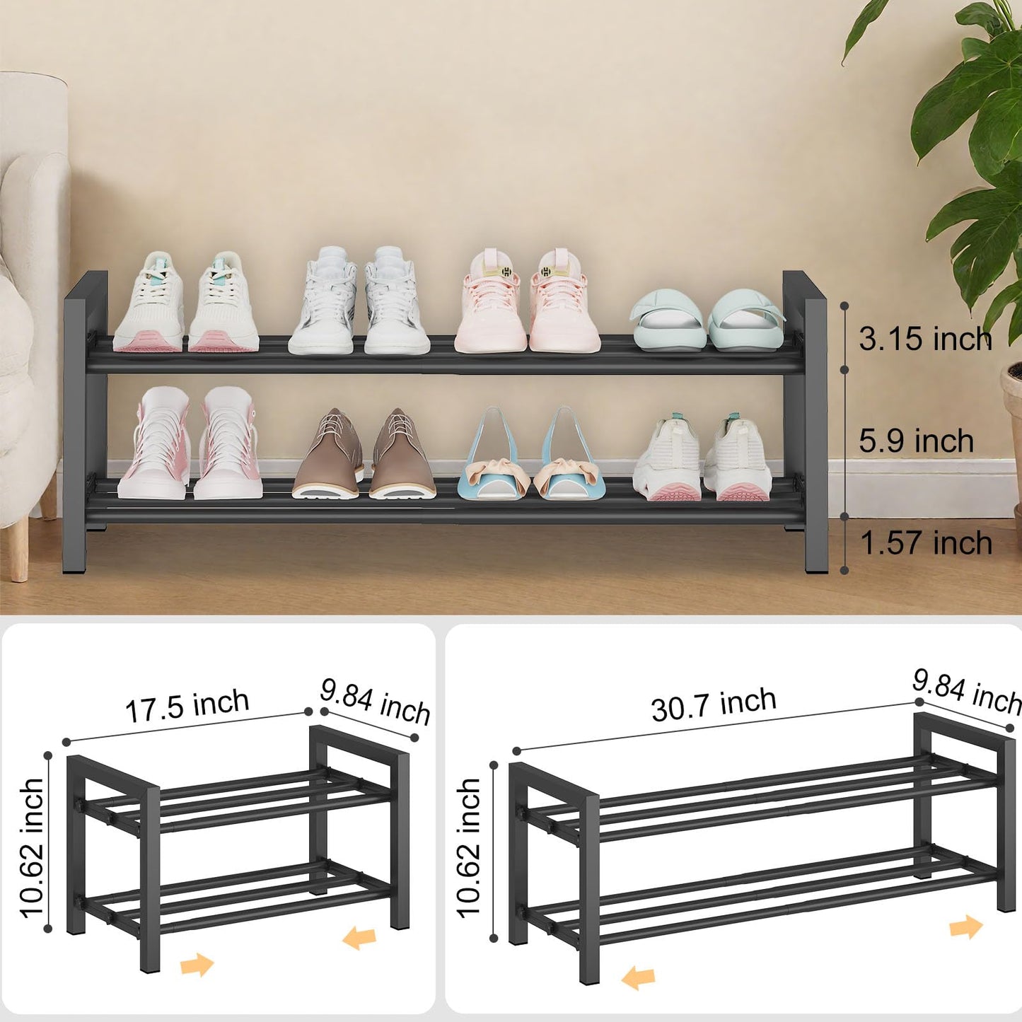 Detsuk 2-Tier Expandable Shoe Rack (17.5"-30.7") – Adjustable Heavy-Duty Metal Shoe Organizer Shelf for Closet, Entryway, Mudroom & Garage – Durable Freestanding Storage, Black