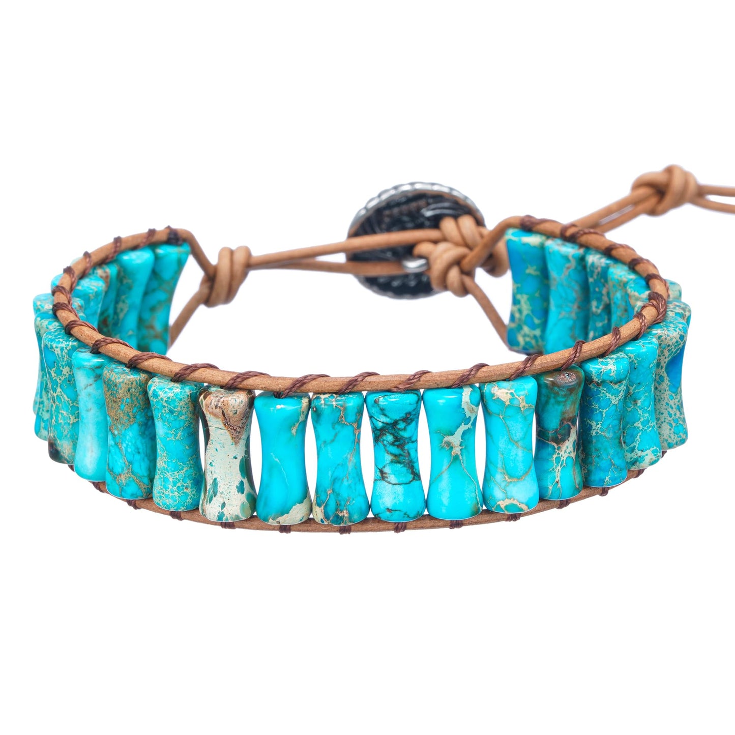 Plumiss Bohemian Turquoise Blue Imperial Stone Bracelet - Adjustable Leather Wrap Chakra Bracelet for Women Men, Handmade Colorful Energy Stone Yoga Jewelry Gift