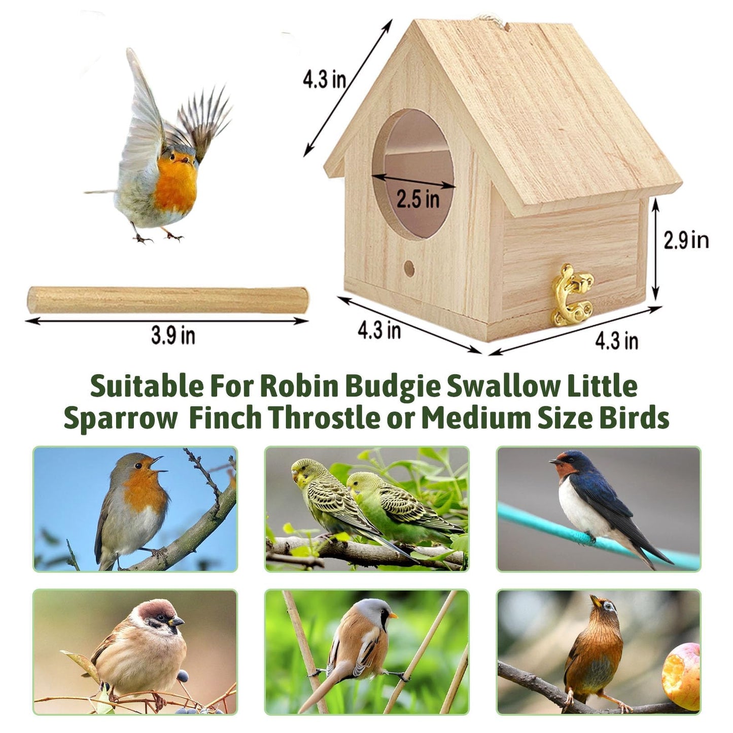 Tfwadmx Wooden Bird House, Hanging Birdhouse for Outside, Garden Patio Decorative Nest Box Bird House for Robin Budgie Swallow Little Sparrow Finch Throstle or Medium Size Birds