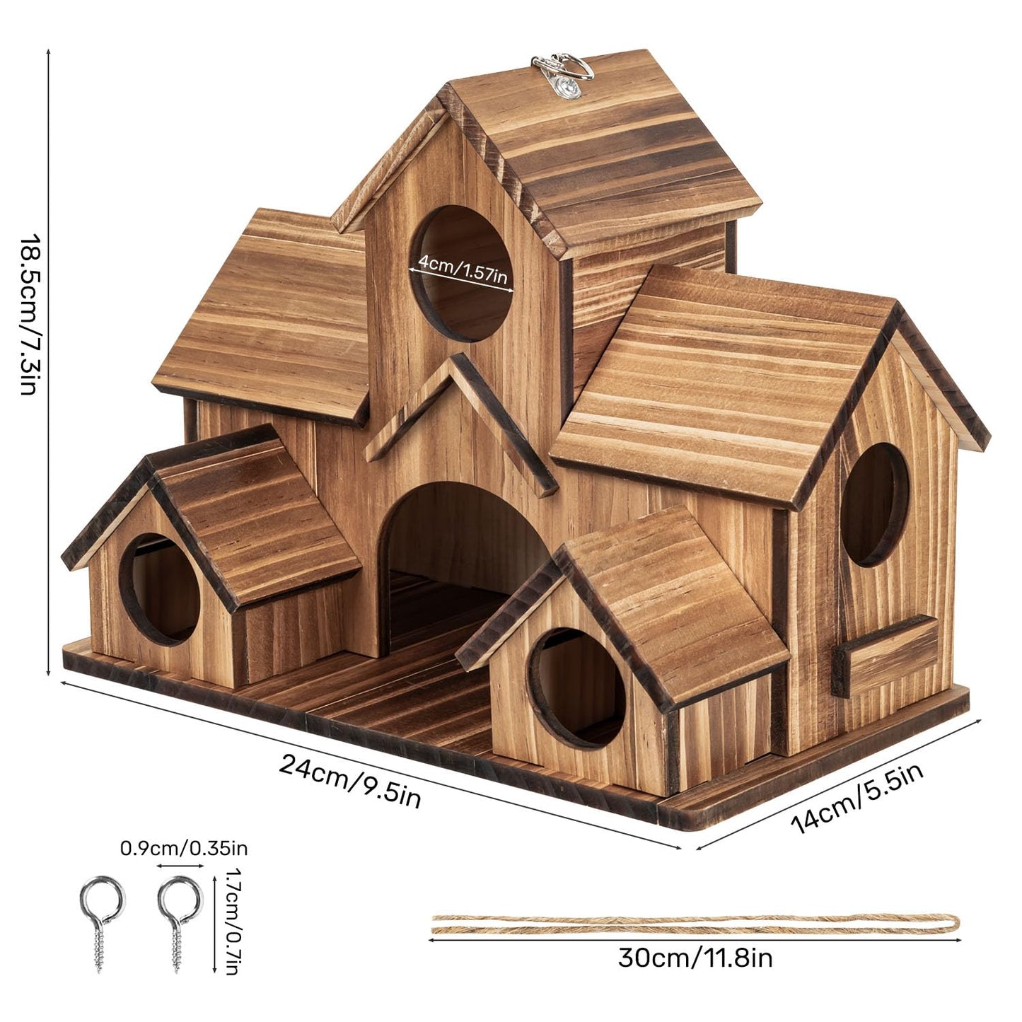 GLOPHOK Bird Houses for Outside, 5-Hole Wooden Birdhouse for Bluebirds Finch Swallow Wren Chickadee Hummingbird, Hanging Bird House for Outdoor Clearance Garden Courtyard