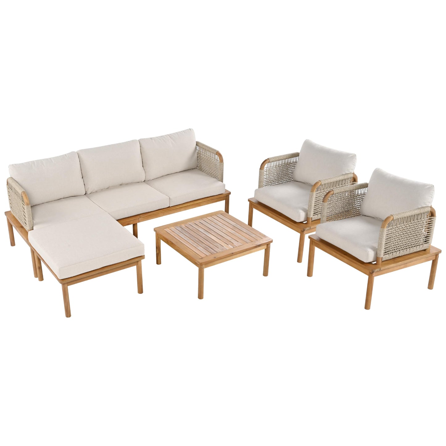 Merax Outdoor 5-Piece Acacia Wood & Rope Patio Sofa Set with Ottoman & Table, Water-Repellent Cushions, for Garden & Patio